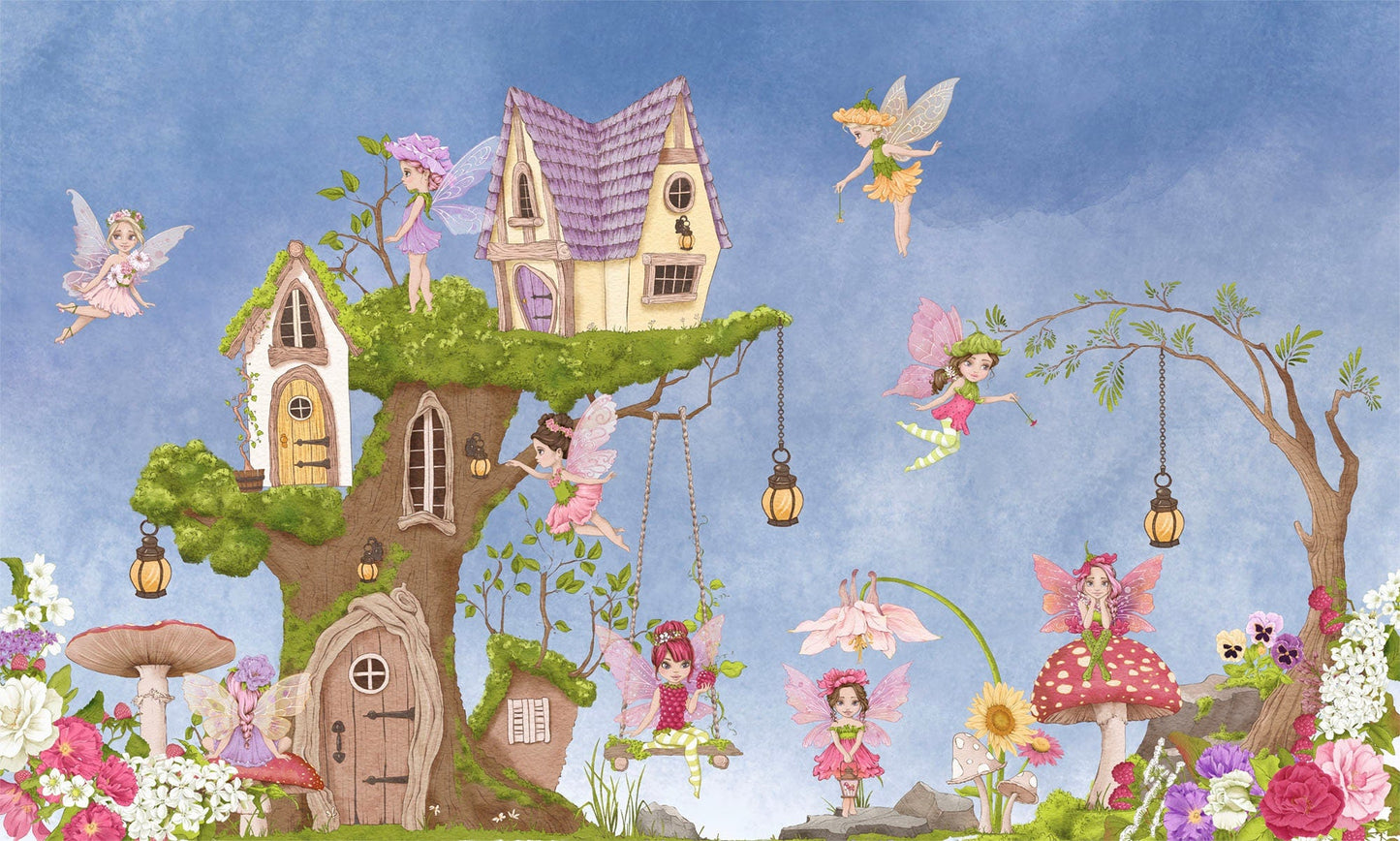 Flower Fairy Wings Tree House Wall Mural - Strawberry Mushroom Nursery Decor - Peel and Stick Fabric Wallpaper - WM021