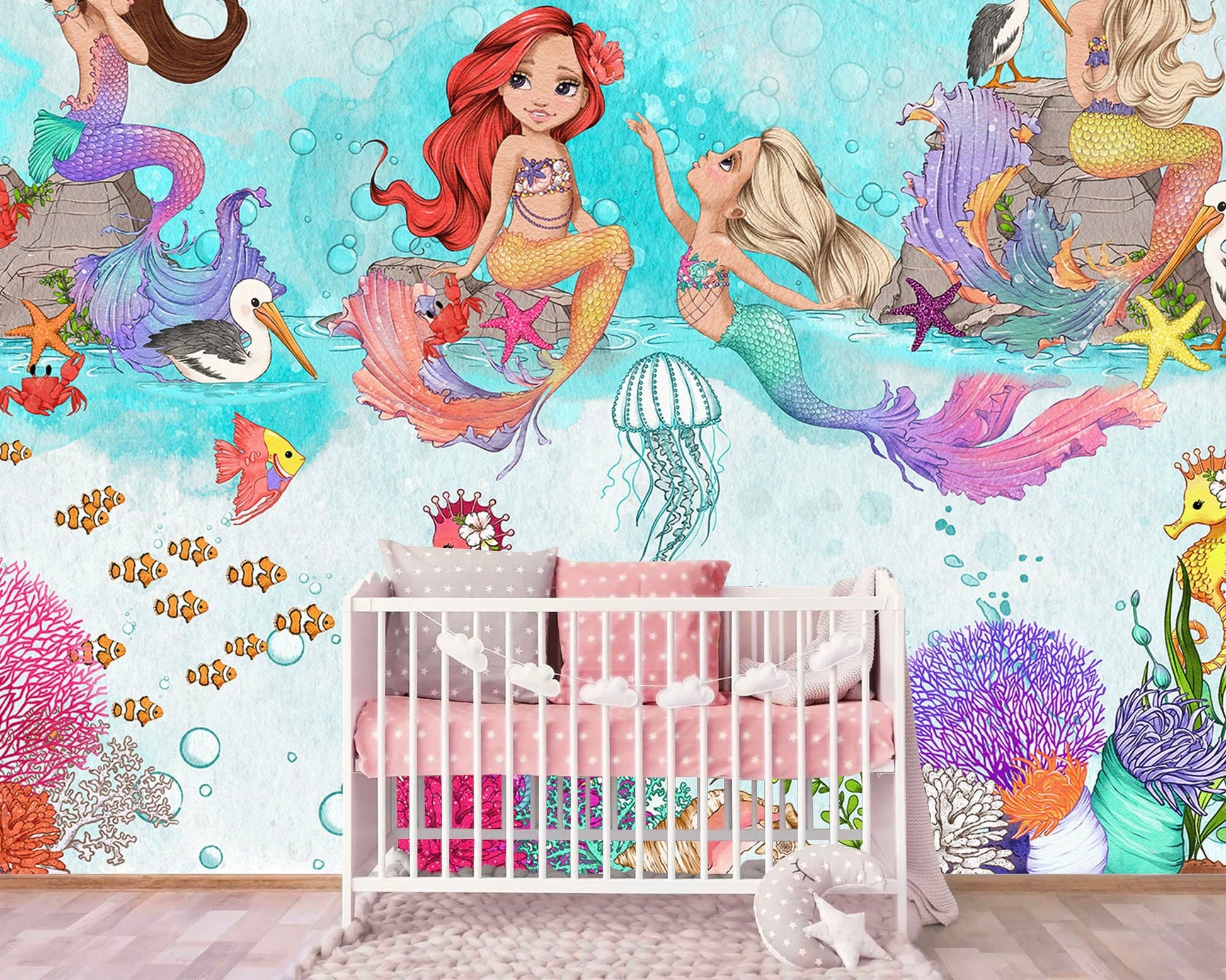 Mermaid and Jellyfish Nursery Wall Mural - Fabric Wallpaper with Seahorse Coral and Pelican Designs - WM022