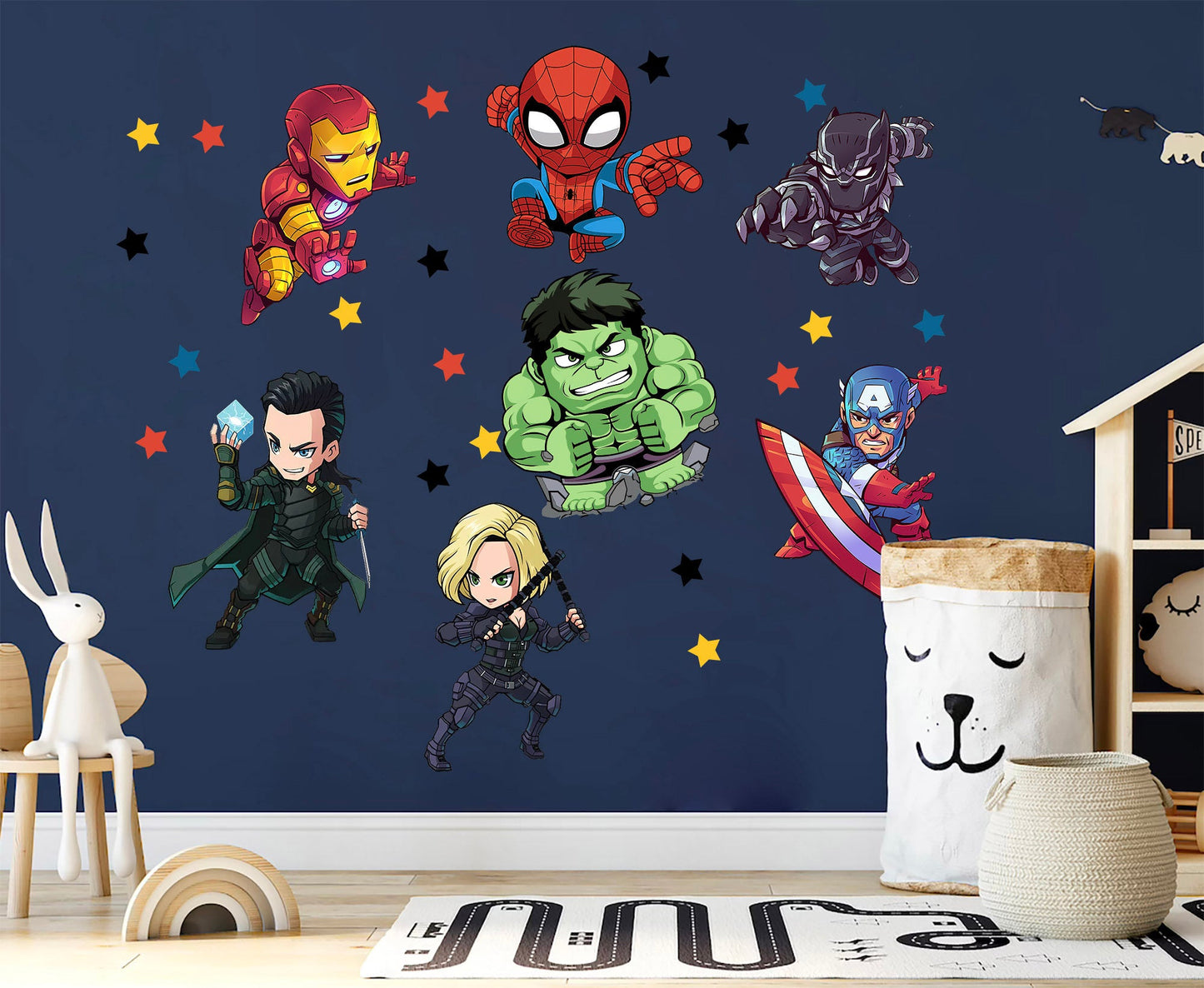 Cartoon Marvel World Avengers Superhero Wall Decal - Thor Hulk Spiderman Iron Man Captain America