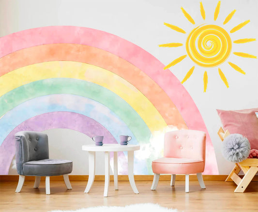 Radiant Rainbow Sun Wall Decal, Watercolor Style Girls Room Decor - BR192