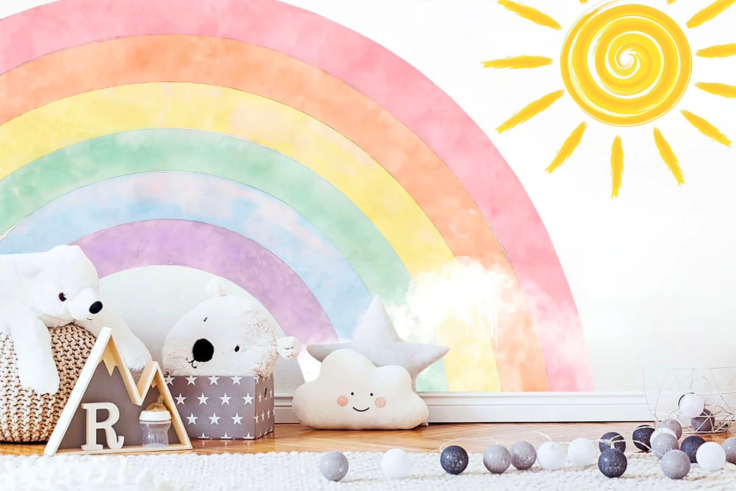 Radiant Rainbow Sun Wall Decal, Watercolor Style Girls Room Decor - BR192