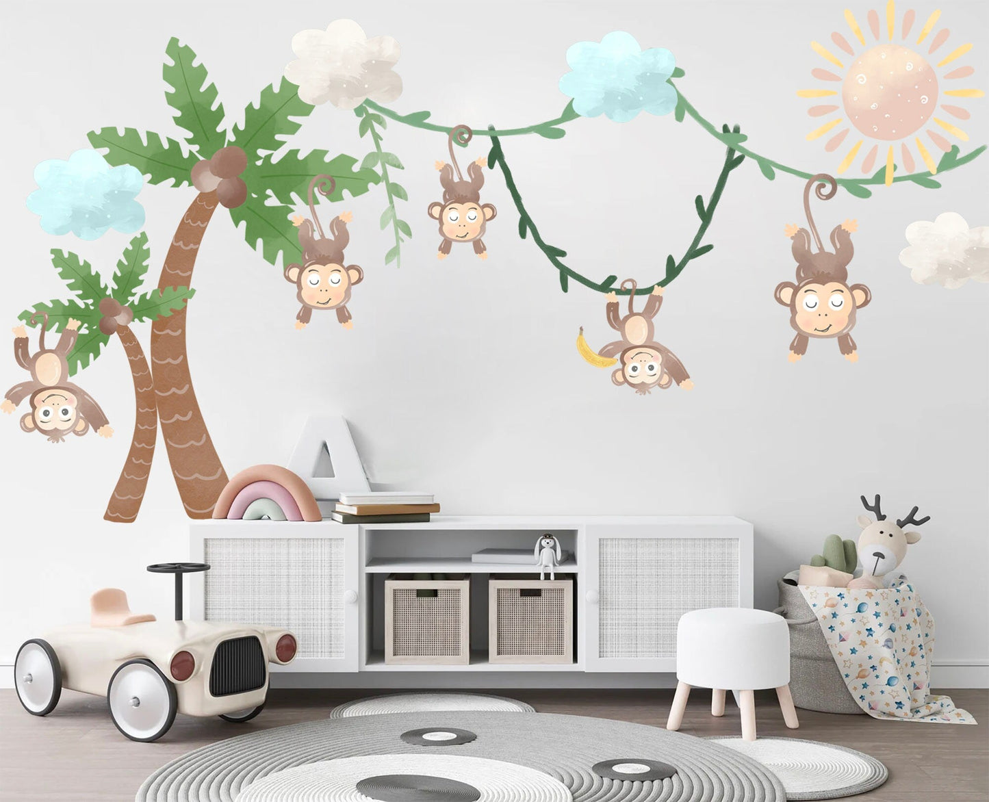 Monkey Playtime Vine Wall Decal - Monkeys on Vines, Coconut Trees, Clouds and Sun - BR211