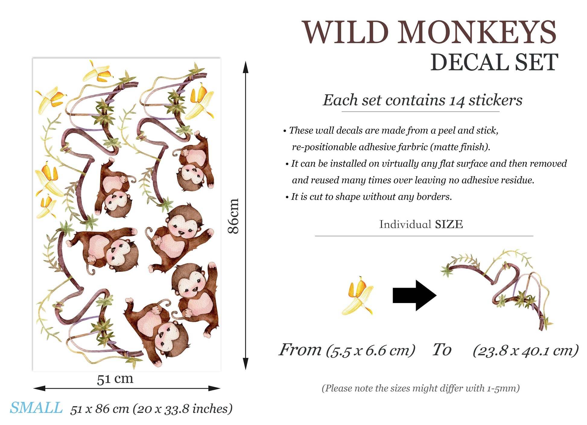 Monkey Vine Banana Picking Wall Decal - Removable Peel and Stick - BR213