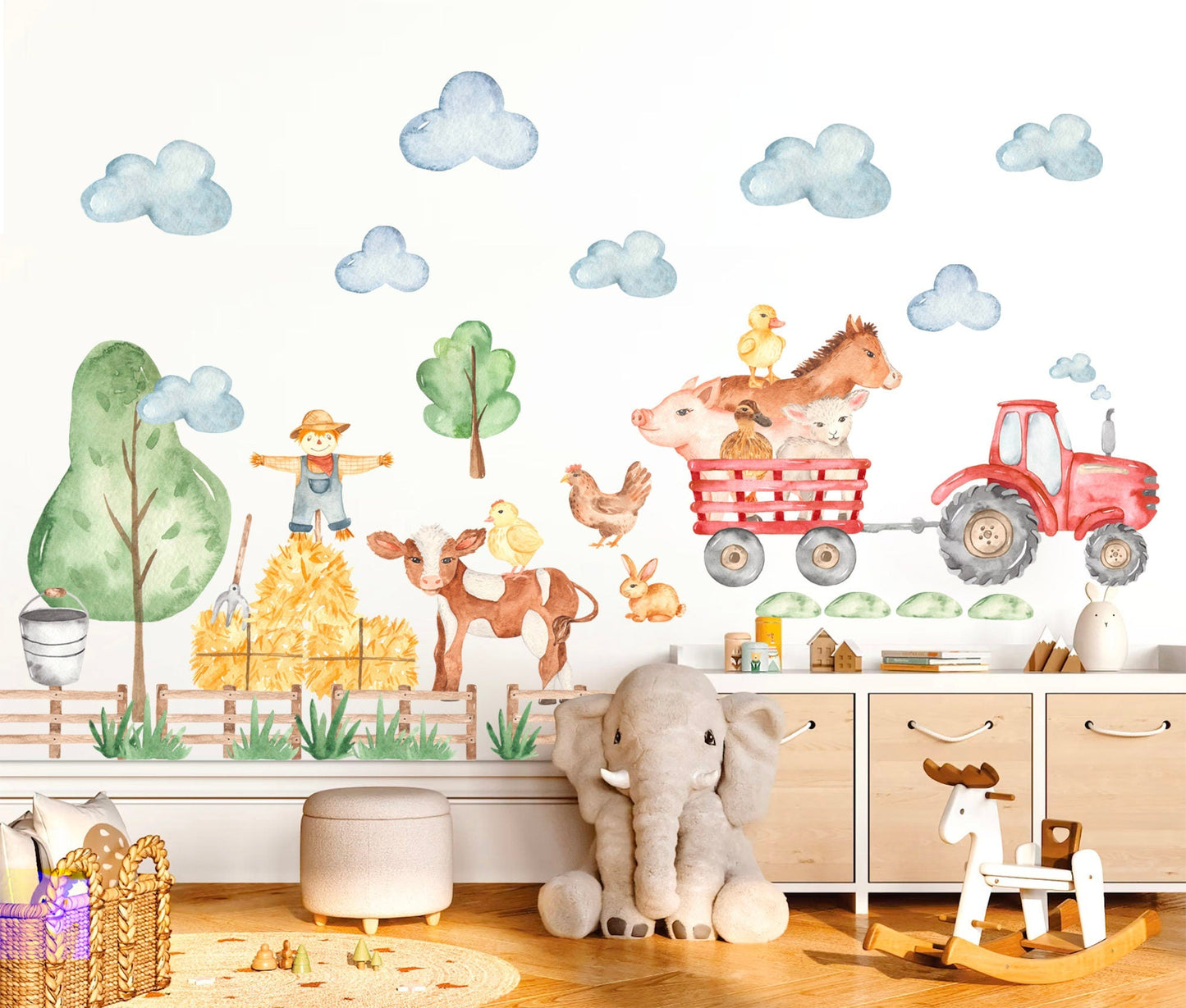Farmyard Friends Wall Decal - pig horse cow chicken sheep scarecrow Removable - BR194