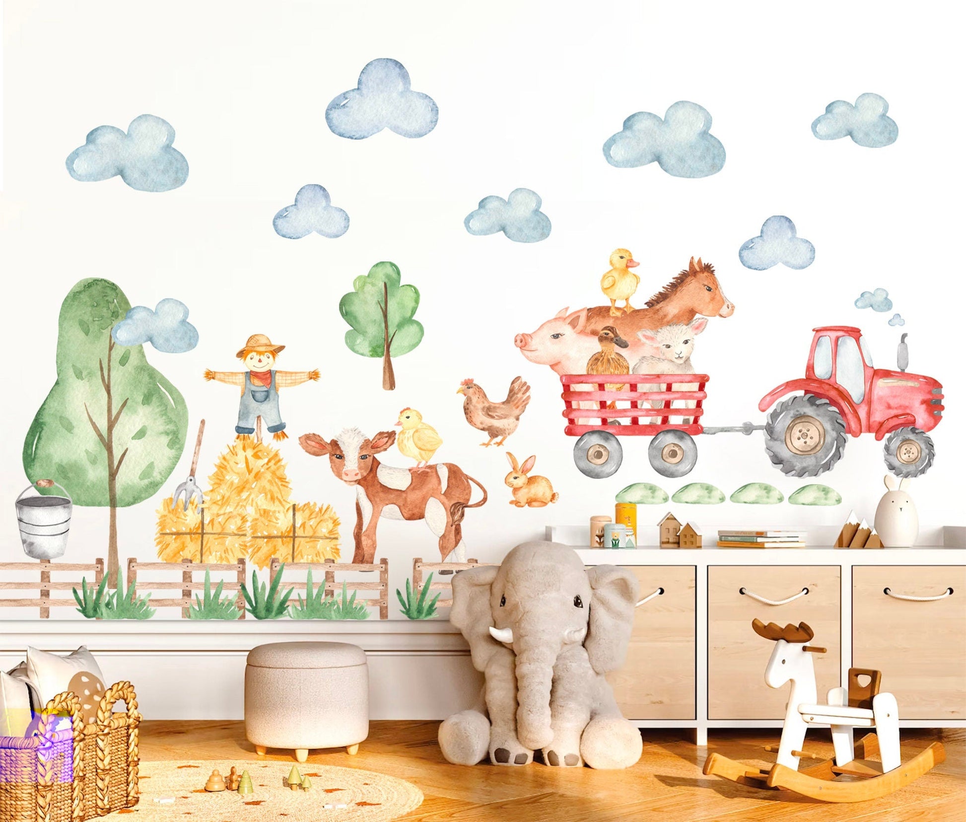 Farmyard Friends Wall Decal - pig horse cow chicken sheep scarecrow Removable - BR194