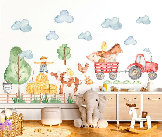 Farmyard Friends Wall Decal - pig horse cow chicken sheep scarecrow Removable - BR194