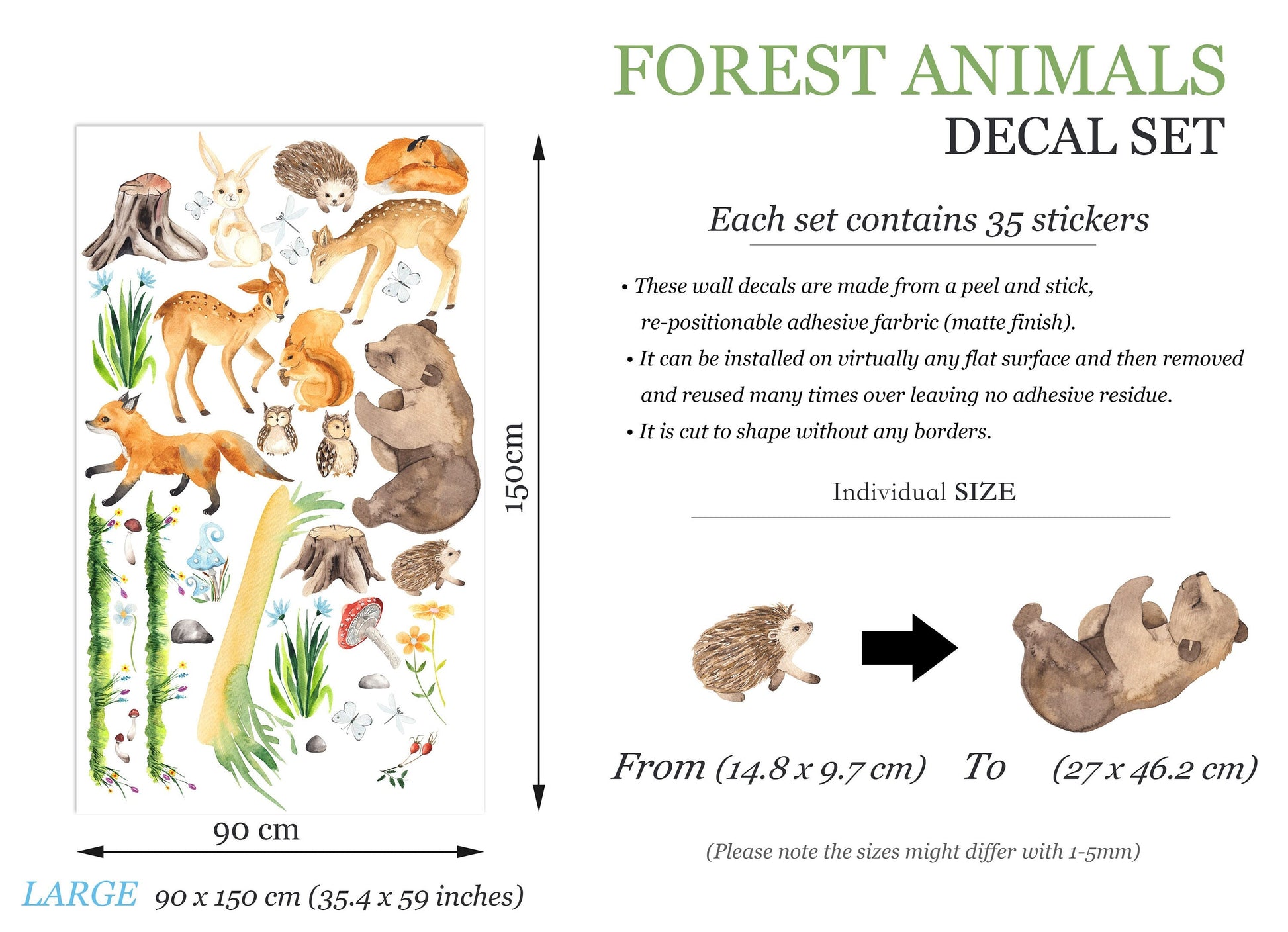 Forest Animals Wall Decal - Bear Playing with Butterflies, Fox Running with Owl, Rabbit on Tree Stump - BR207