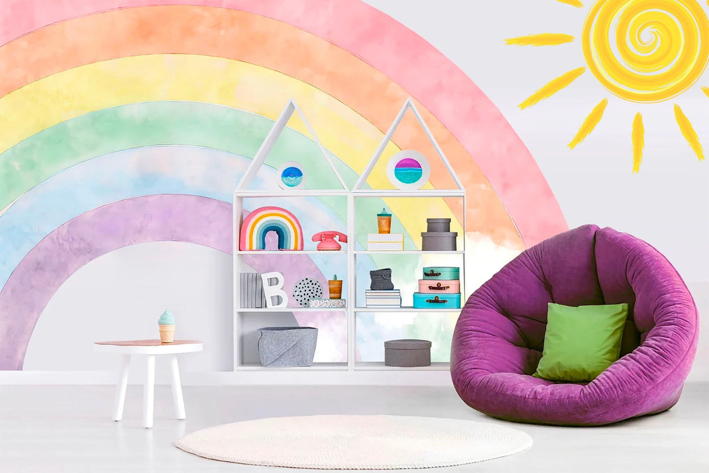 Radiant Rainbow Sun Wall Decal, Watercolor Style Girls Room Decor - BR192