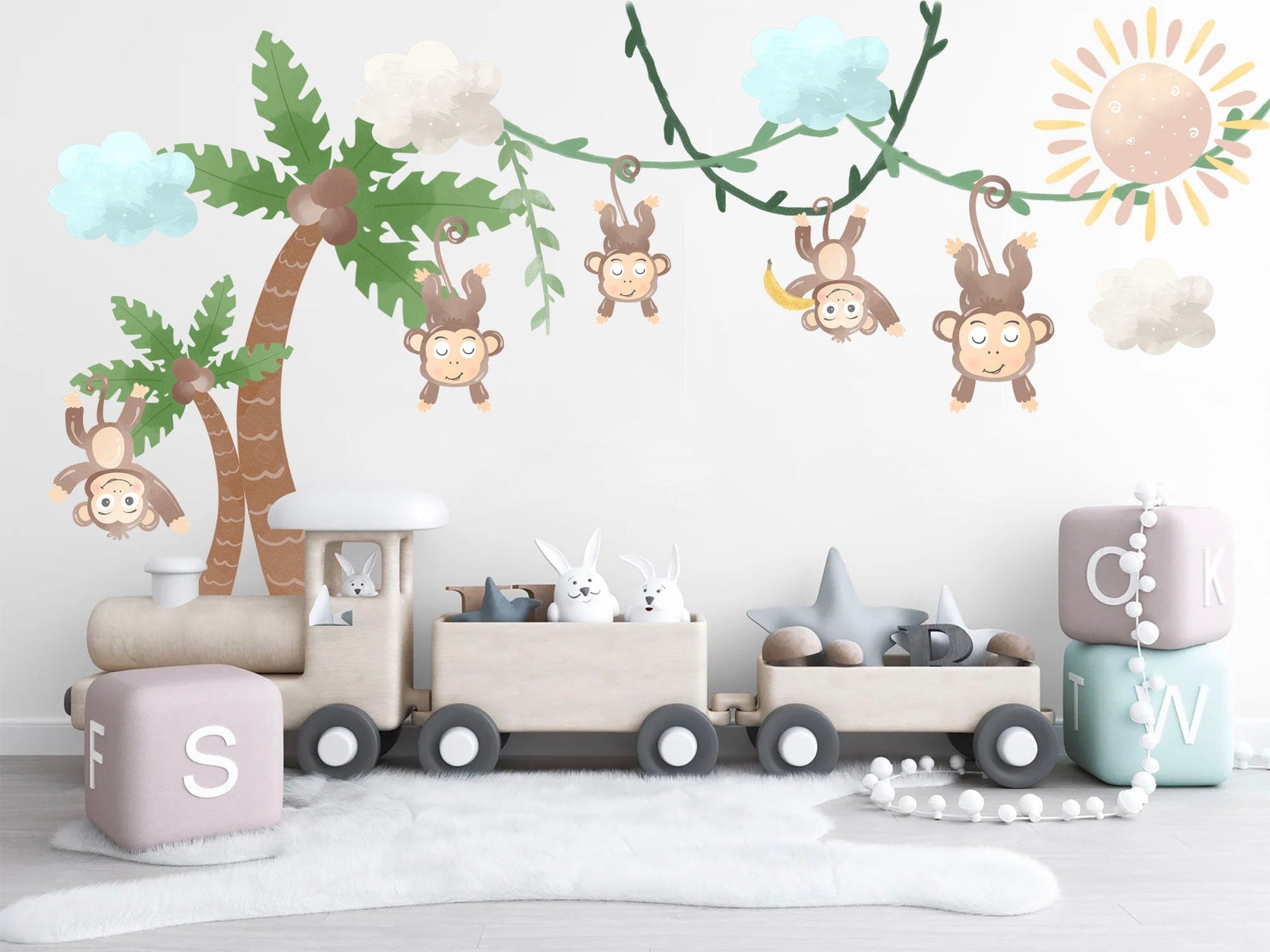 Monkey Playtime Vine Wall Decal - Monkeys on Vines, Coconut Trees, Clouds and Sun - BR211