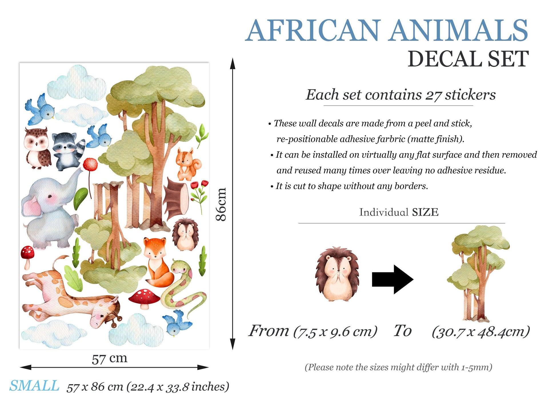 Forest Animals Gathering Wall Decal - Elephant, Giraffe, Tree Owl, Panda Cub - BR212