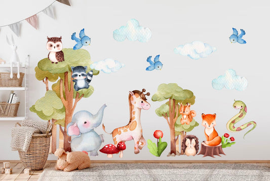 Forest Animals Gathering Wall Decal - Elephant, Giraffe, Tree Owl, Panda Cub - BR212
