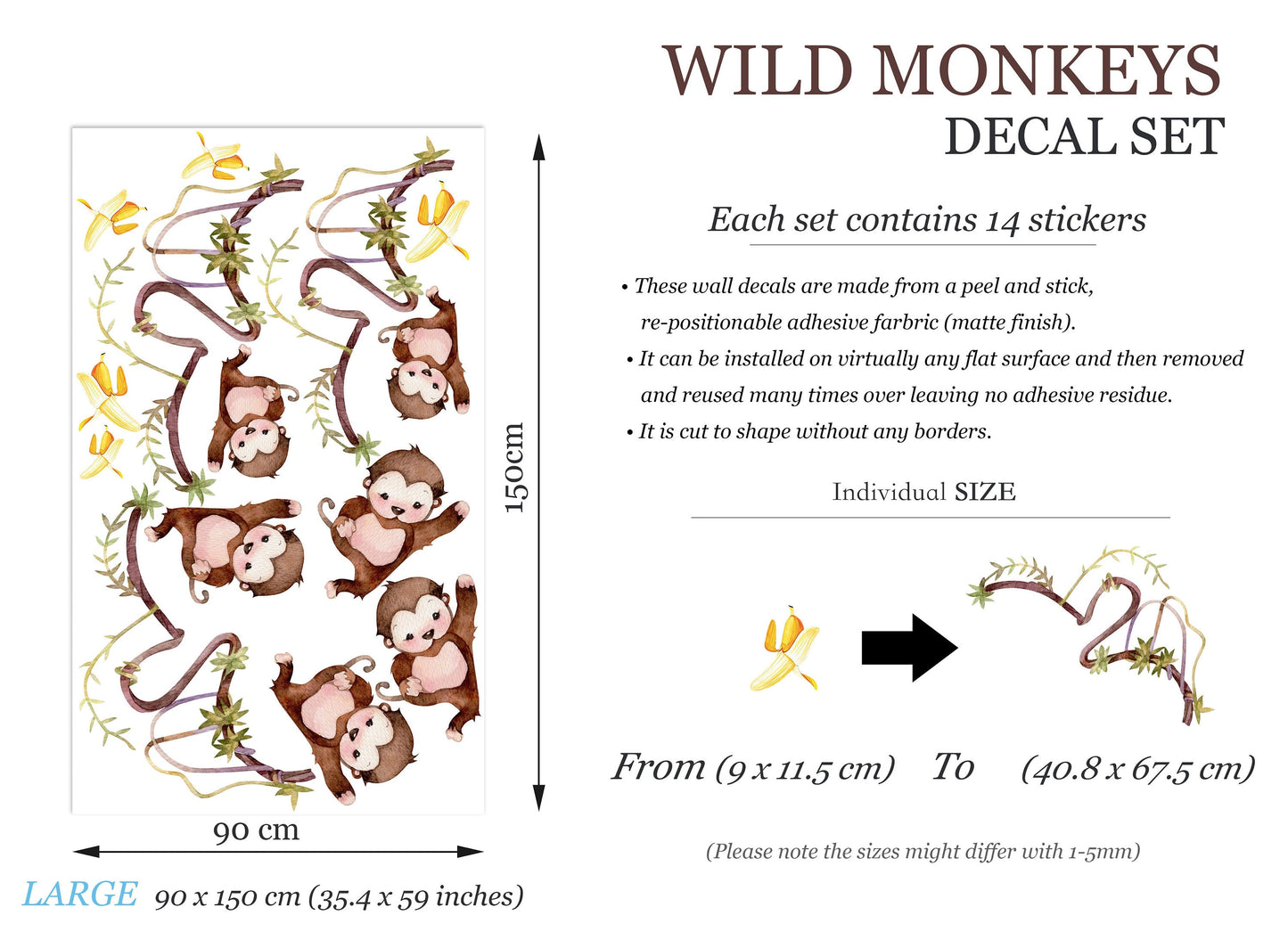 Monkey Vine Banana Picking Wall Decal - Removable Peel and Stick - BR213