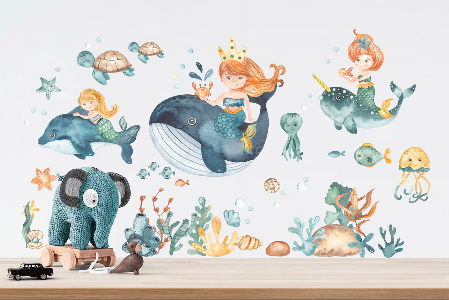 Enchanting Mermaid Princesses Riding Whale Wall Decal - Underwater Adventure with Whales Sea Turtles - BR224