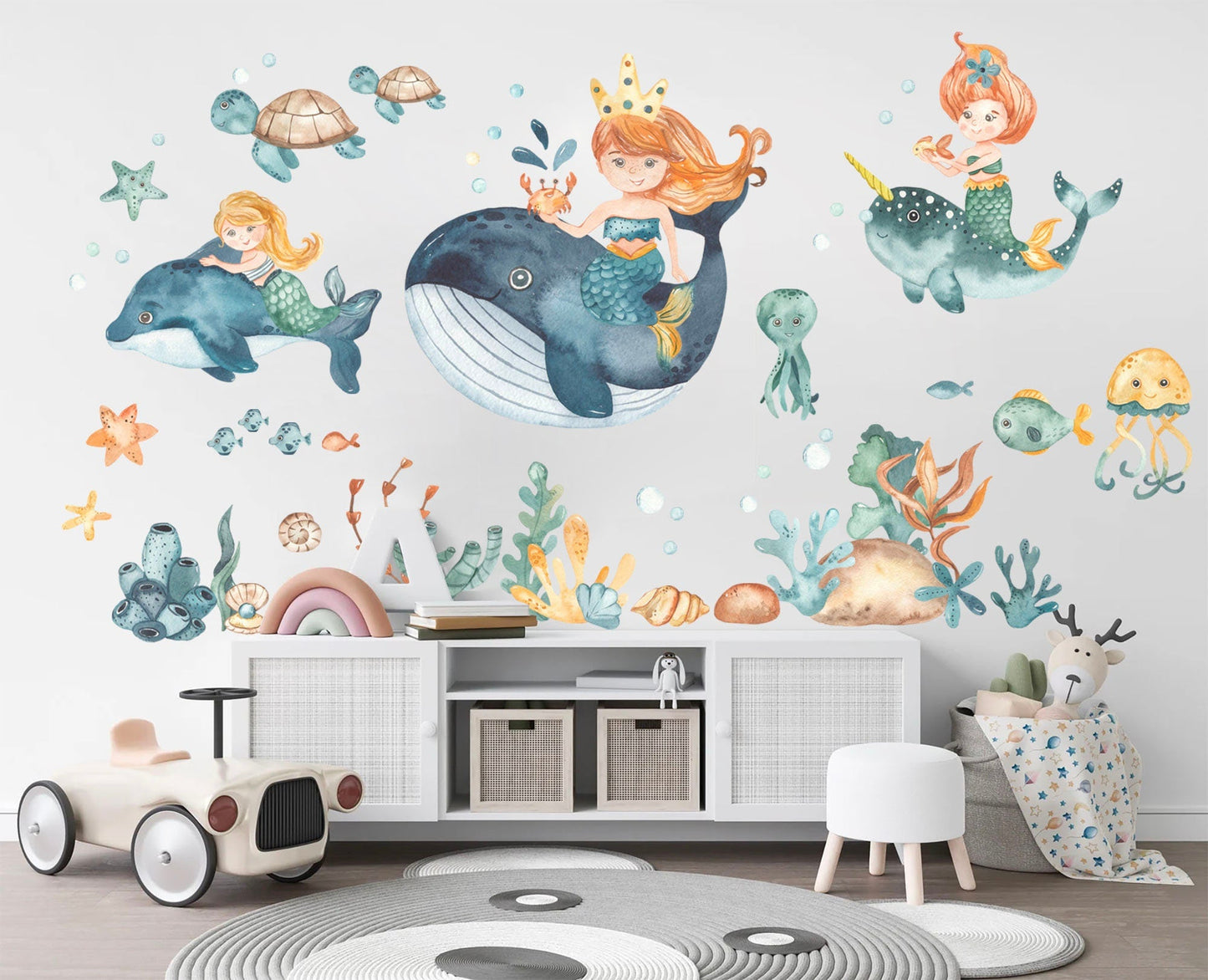 Enchanting Mermaid Princesses Riding Whale Wall Decal - Underwater Adventure with Whales Sea Turtles - BR224