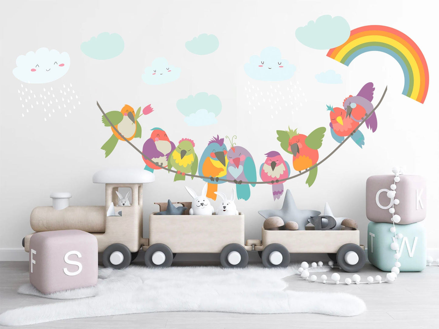 Vibrant Clothesline Rainbow Birds Wall Decal - Girls' Room Decor - BR227