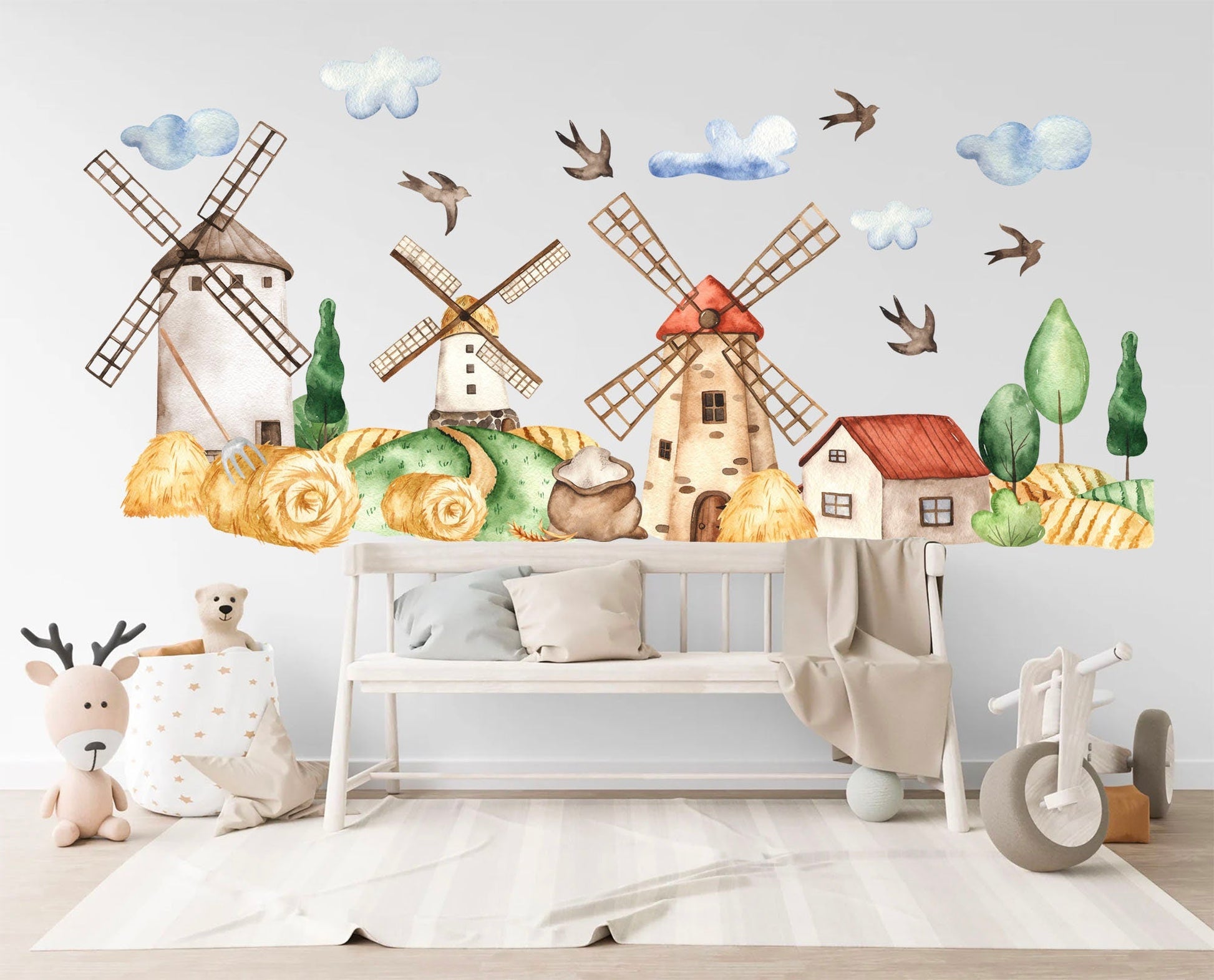 Rustic Countryside Farm Scene Removable Wall Decal - Windmill Good Harvest Wheat Field Farmhouse - BR228