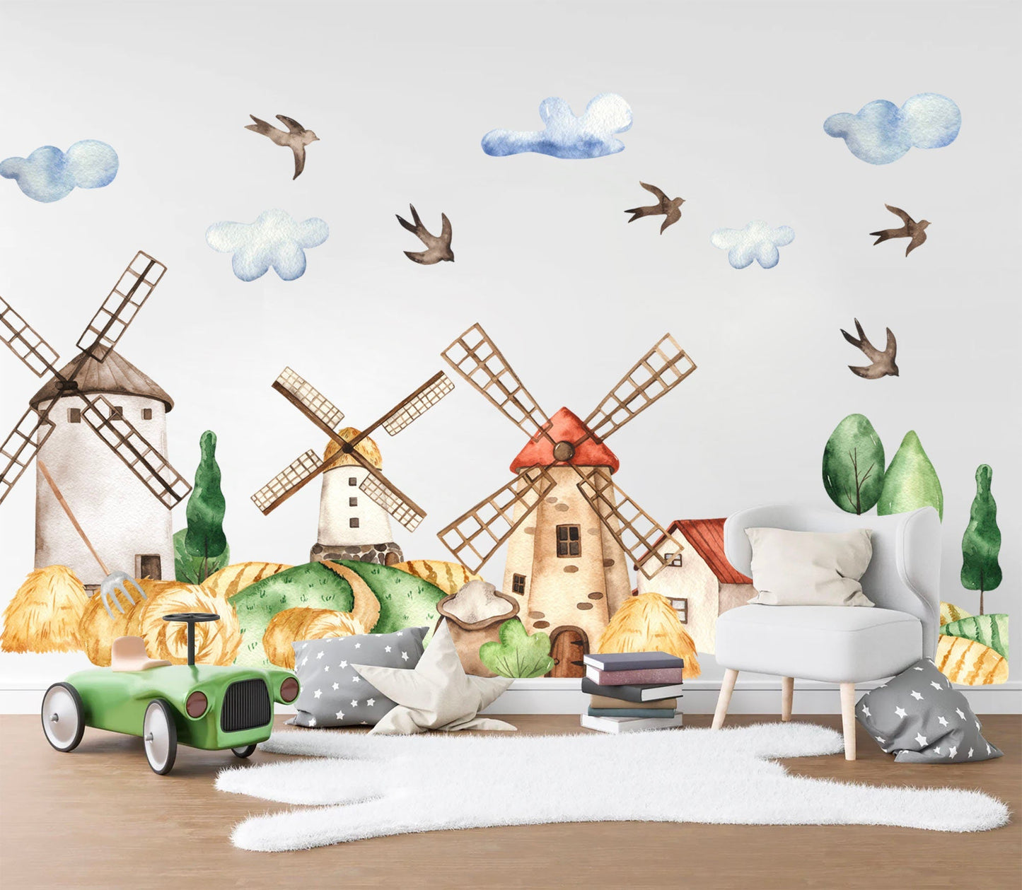 Rustic Countryside Farm Scene Removable Wall Decal - Windmill Good Harvest Wheat Field Farmhouse - BR228