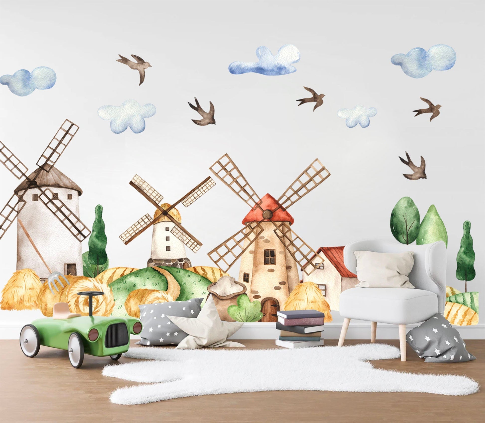 Rustic Countryside Farm Scene Removable Wall Decal - Windmill Good Harvest Wheat Field Farmhouse - BR228