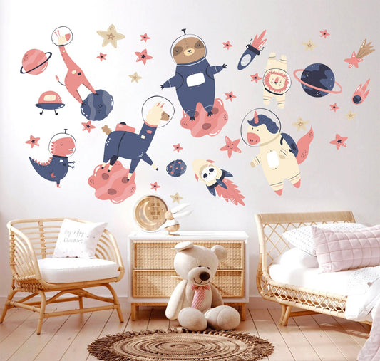 Space Animal Astronaut Unicorn Koala Dinosaur Giraffe Nursery Wall Decal - BR233