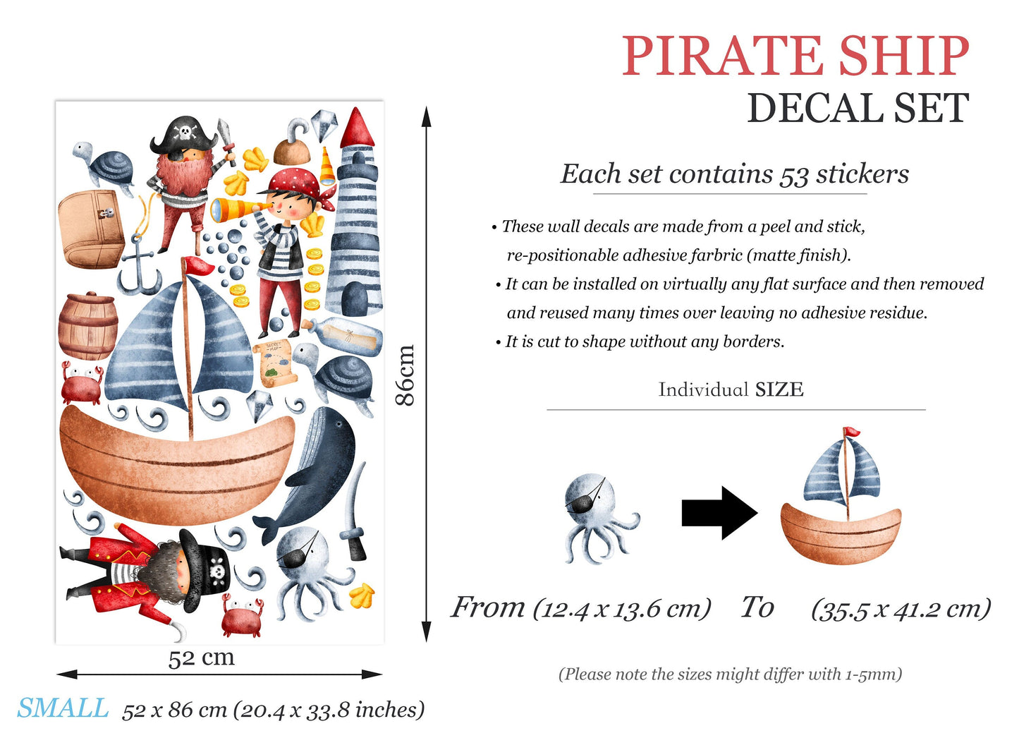 Medieval Pirate Adventure Underwater Wall Decal - Treasure Hunt Lighthouse Octopus Shark Whale - Peel and Stick - BR235
