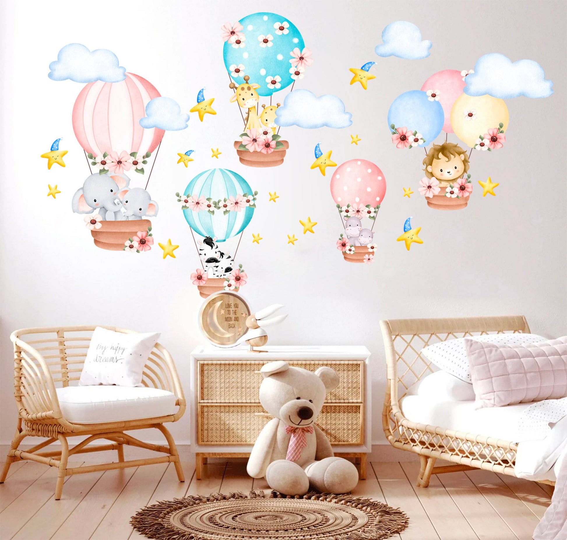 Baby Animals On Hot Air Balloon Removable Wall Decal - Elephant Giraffe Hippo Zebra - BR225