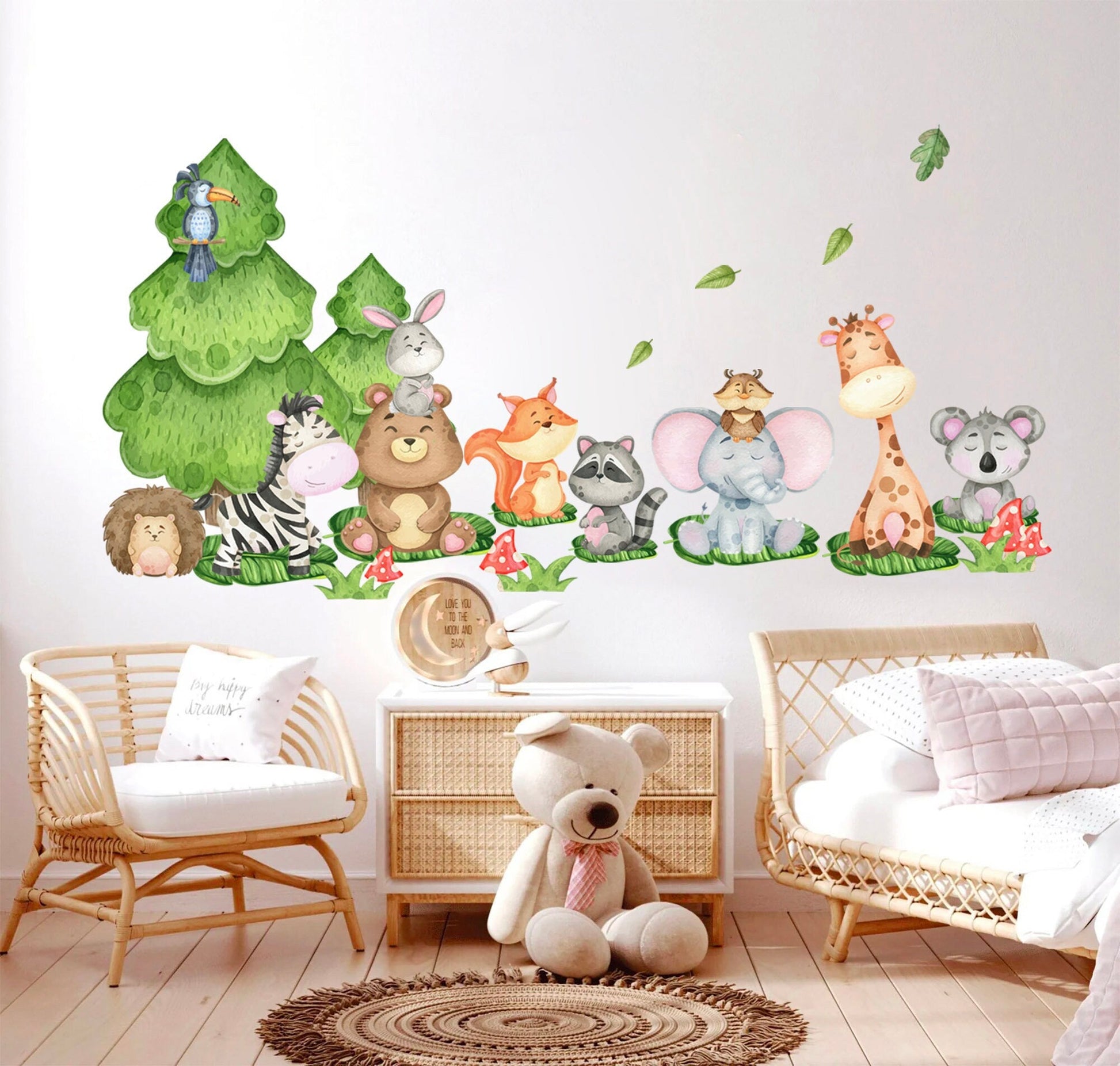 Forest Friends Baby Animals under Pine Wall Decal - Elephant Zebra Giraffe Racoon - BR234