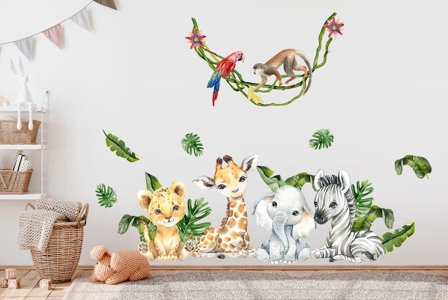 African Baby Animals Wall Decal - Giraffe, Elephant, Lion, Zebra, Monkey in Palm Leaves - BR241