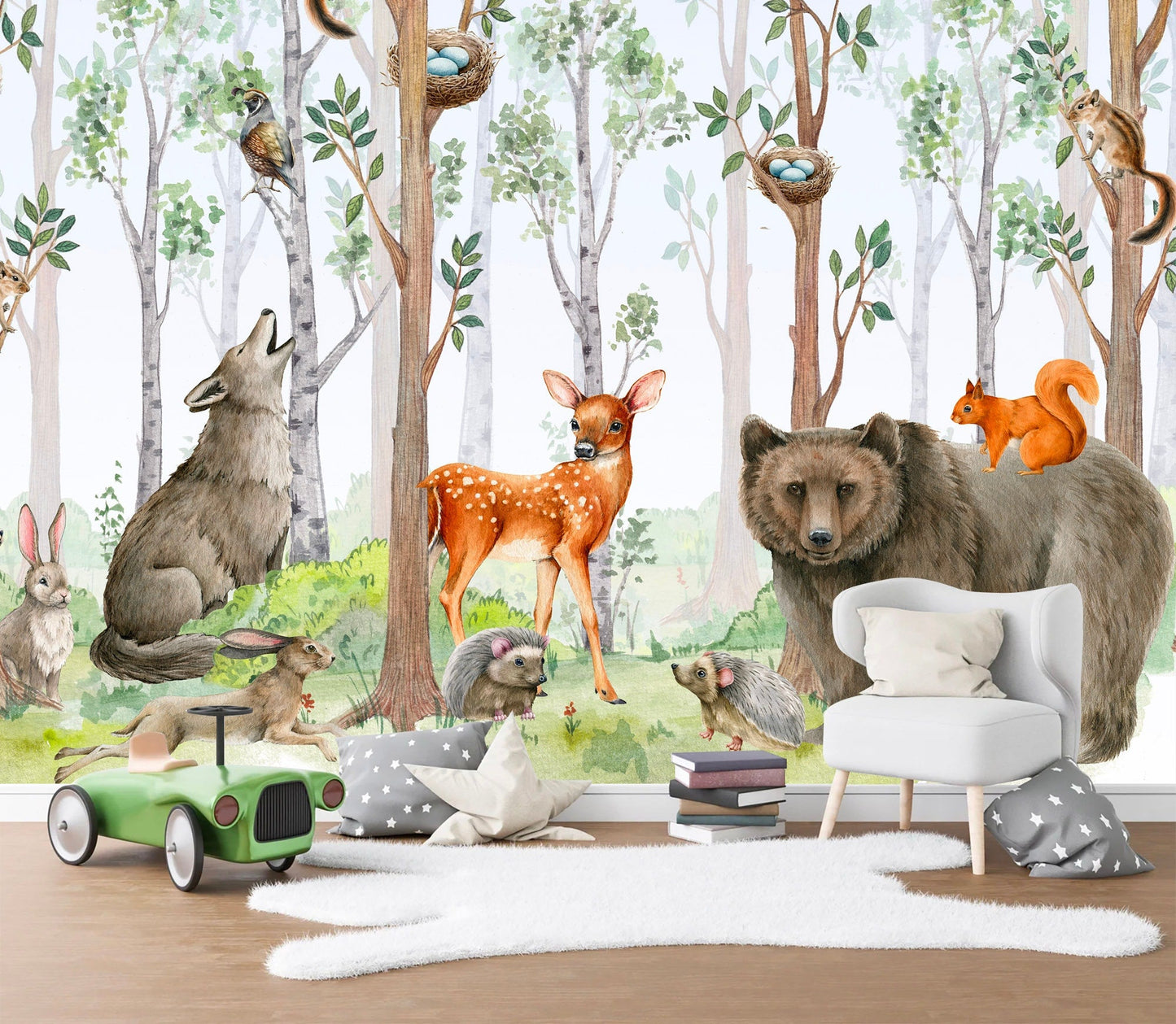 Woodland Animal Wall Murals - Watercolor Bear Wolf Fox Rabbit - Fabric Wallpaper - WM024