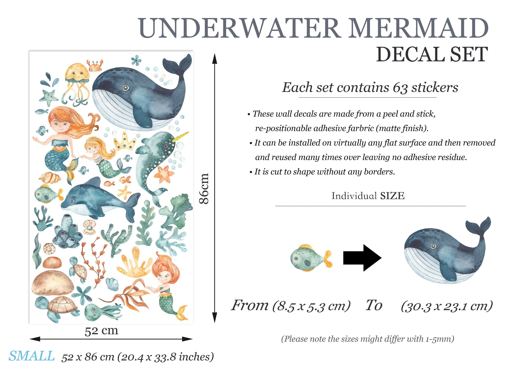 Enchanting Mermaid Princesses Riding Whale Wall Decal - Underwater Adventure with Whales Sea Turtles - BR224
