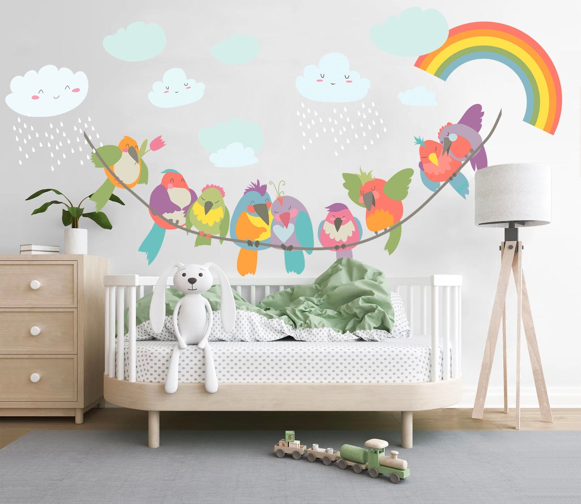 Vibrant Clothesline Rainbow Birds Wall Decal - Girls' Room Decor - BR227