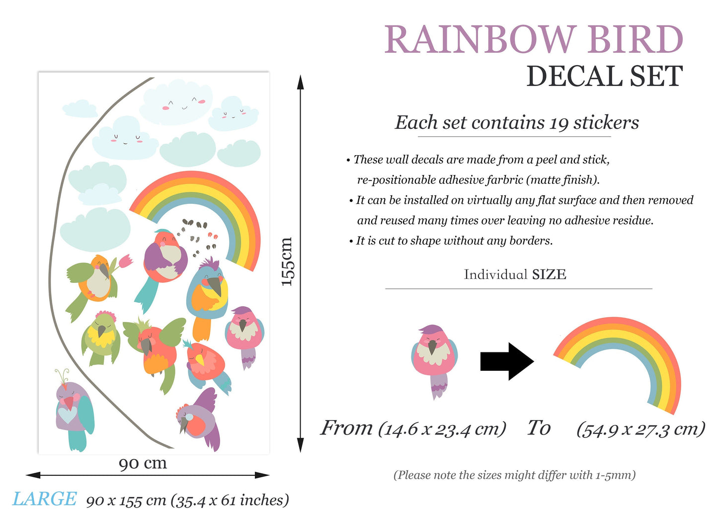 Vibrant Clothesline Rainbow Birds Wall Decal - Girls' Room Decor - BR227