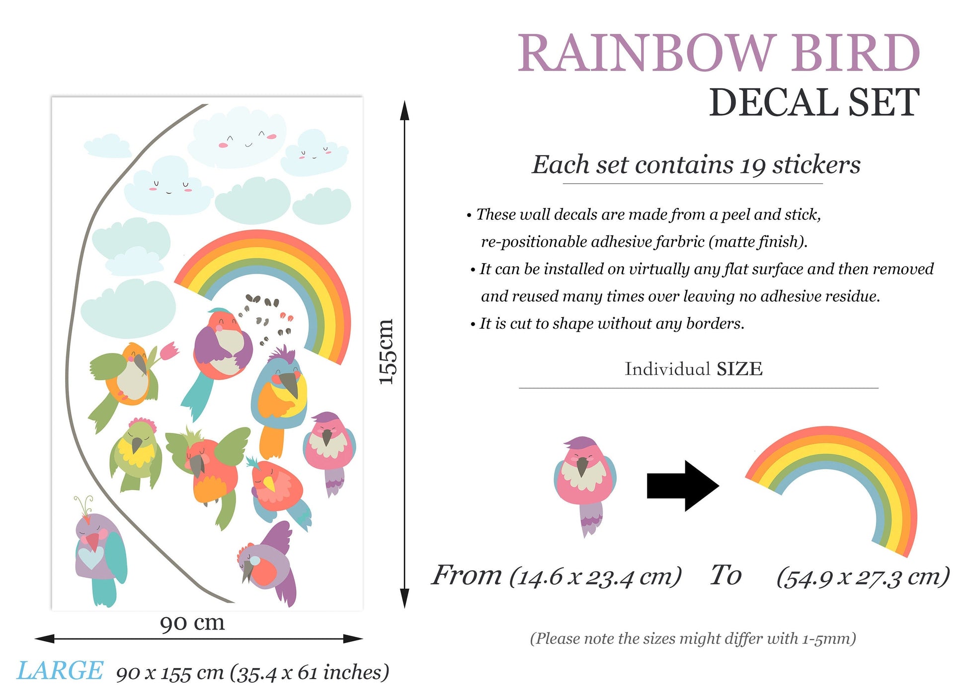 Vibrant Clothesline Rainbow Birds Wall Decal - Girls' Room Decor - BR227