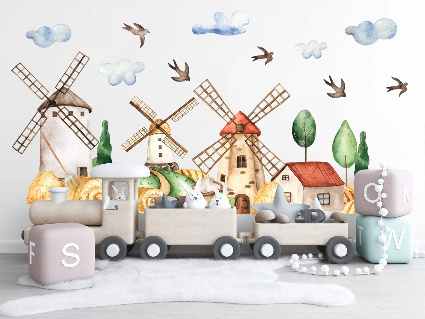 Rustic Countryside Farm Scene Removable Wall Decal - Windmill Good Harvest Wheat Field Farmhouse - BR228