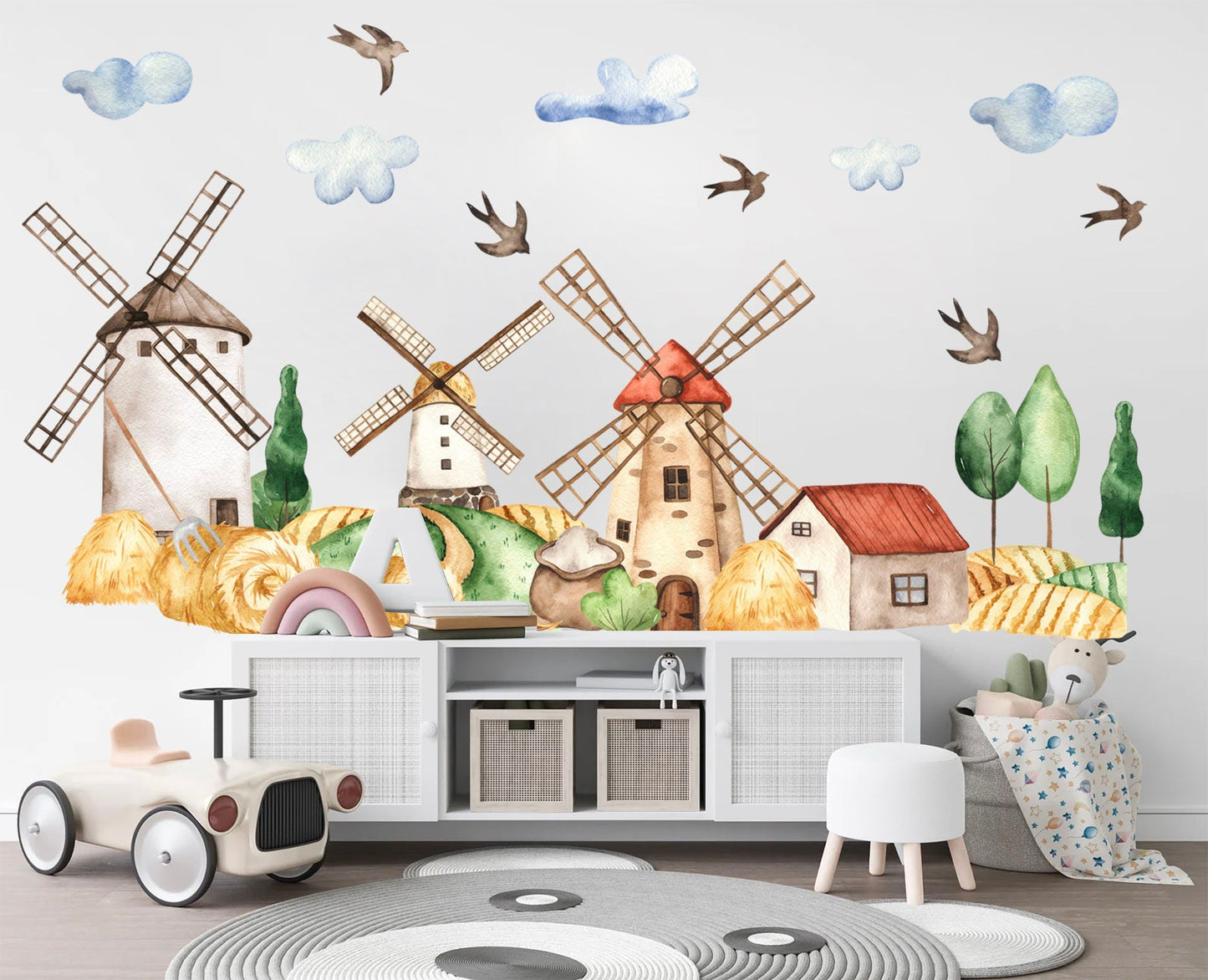 Rustic Countryside Farm Scene Removable Wall Decal - Windmill Good Harvest Wheat Field Farmhouse - BR228