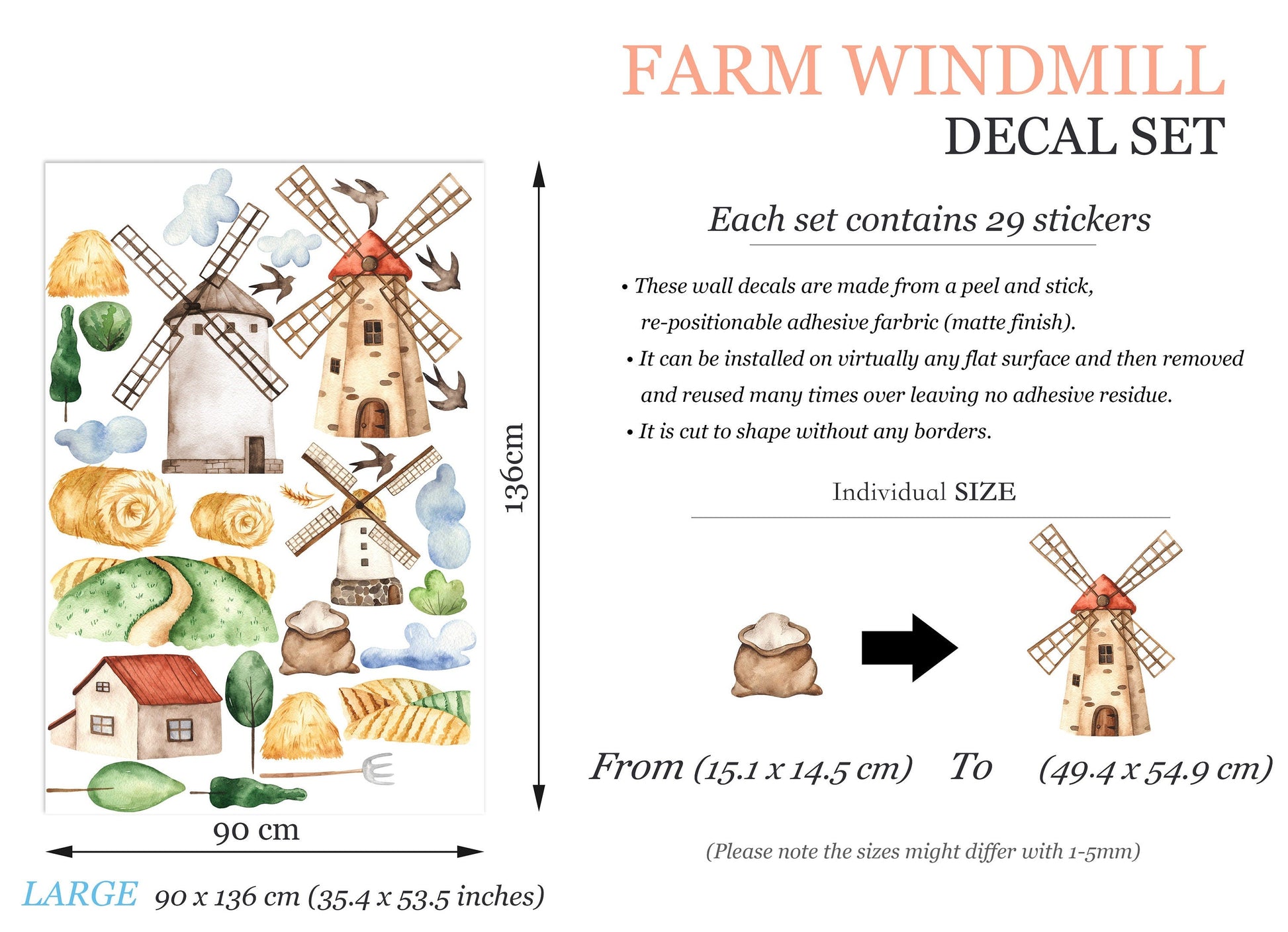 Rustic Countryside Farm Scene Removable Wall Decal - Windmill Good Harvest Wheat Field Farmhouse - BR228