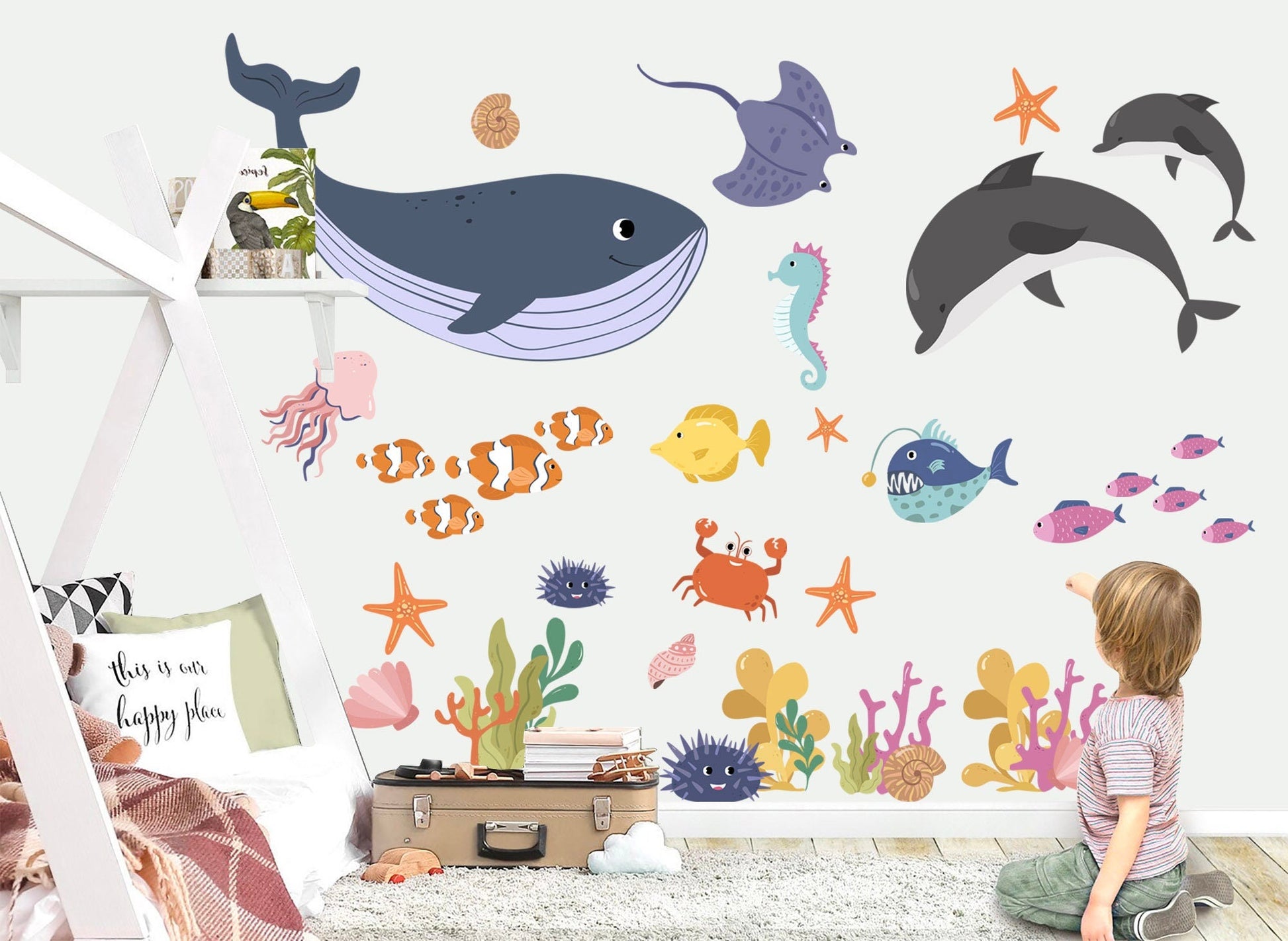 Whimsical Undersea World Wall Decal with Whale Dolphin and Seahors - BR249
