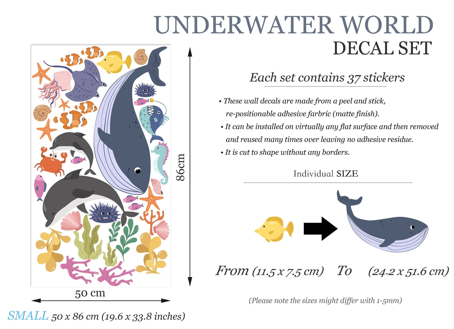 Whimsical Undersea World Wall Decal with Whale Dolphin and Seahors - BR249
