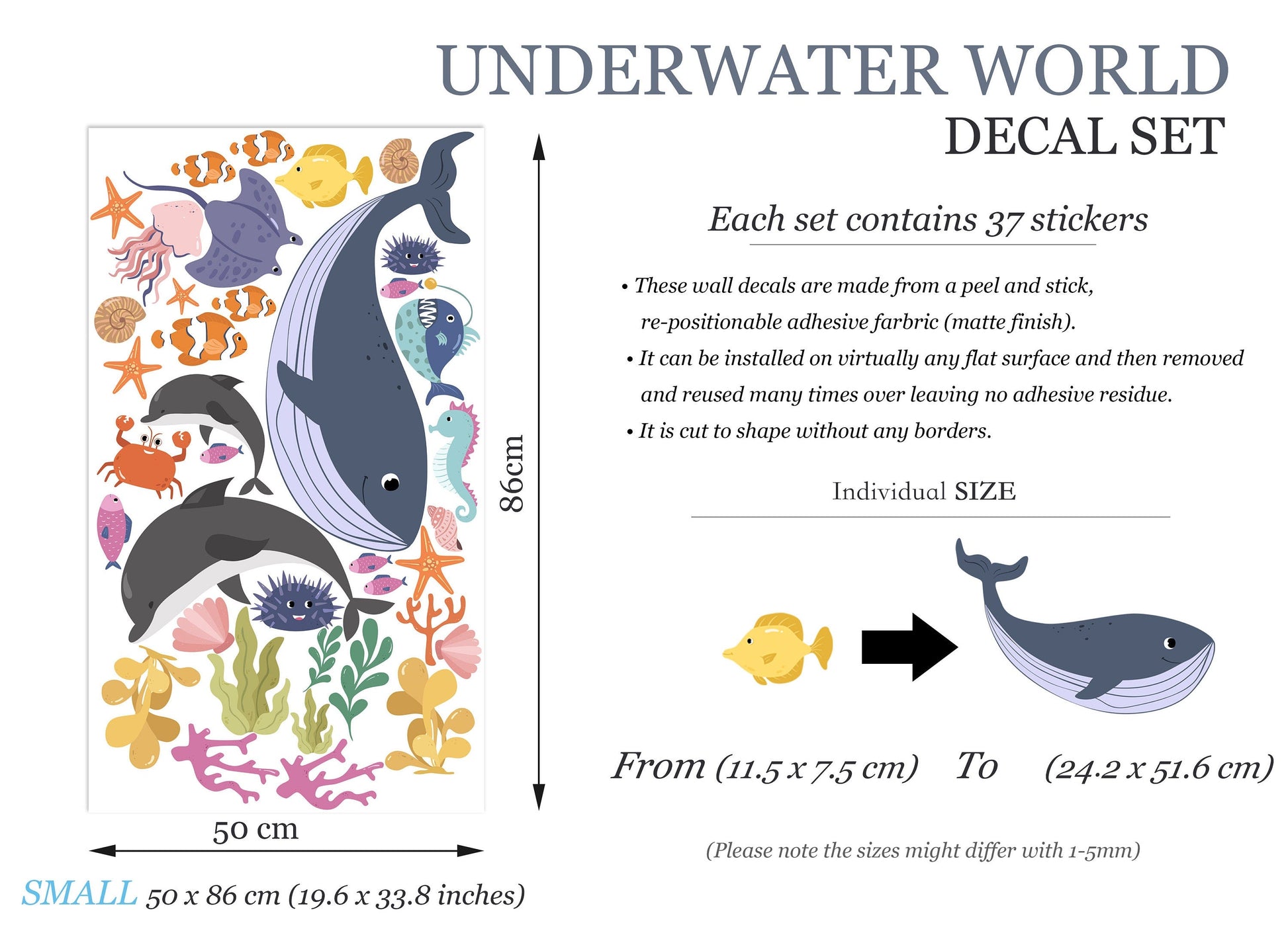 Whimsical Undersea World Wall Decal with Whale Dolphin and Seahors - BR249