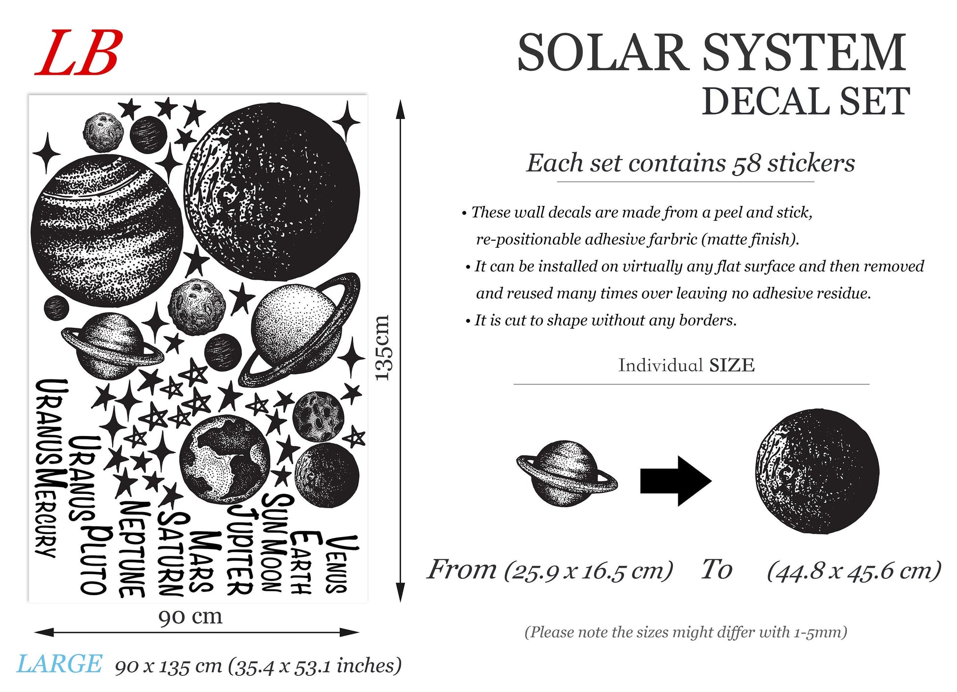 Golden Solar System Planets Space Jupiter Mars Earth Moon Remove Wall Decals - BR251