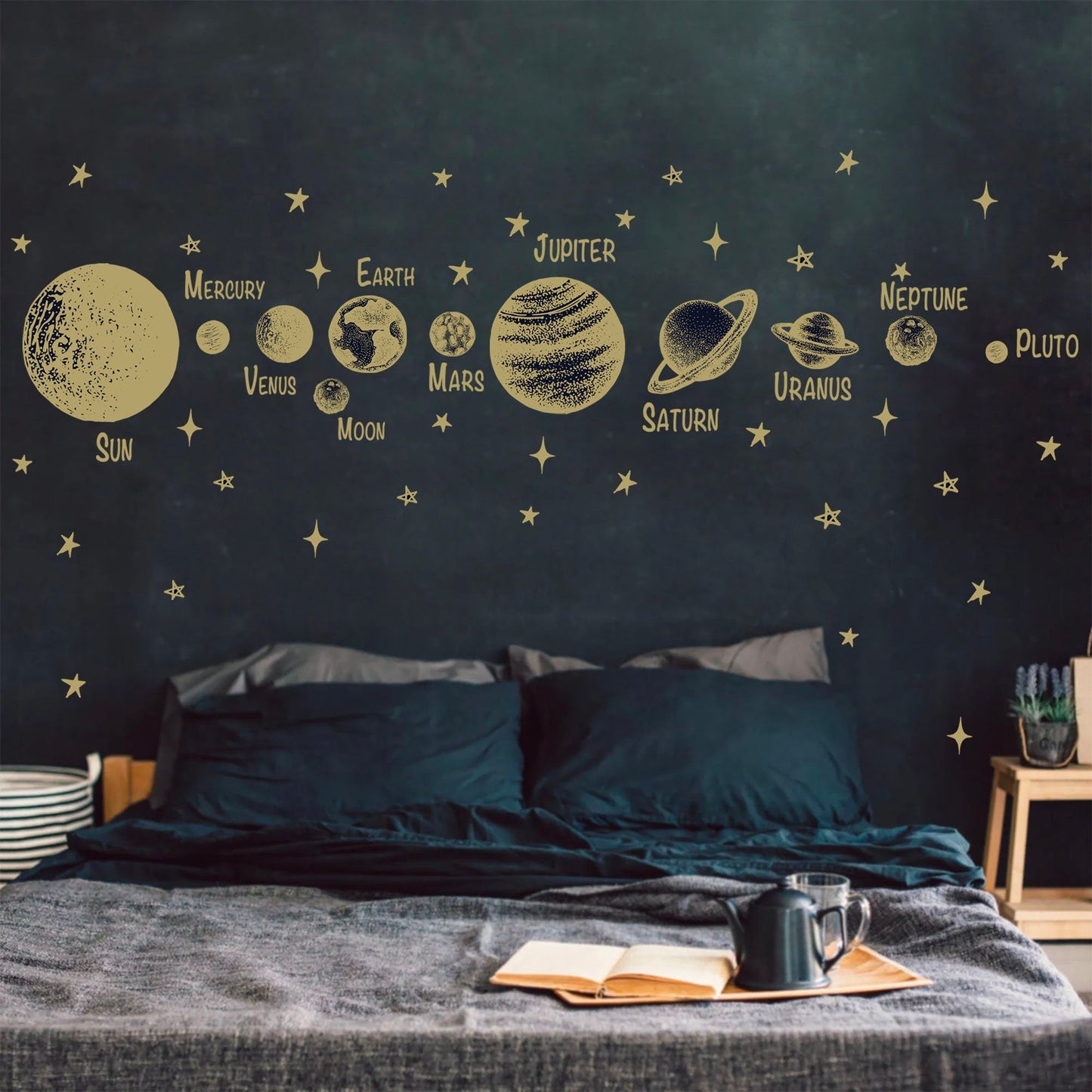 Golden Solar System Planets Space Jupiter Mars Earth Moon Remove Wall Decals - BR251