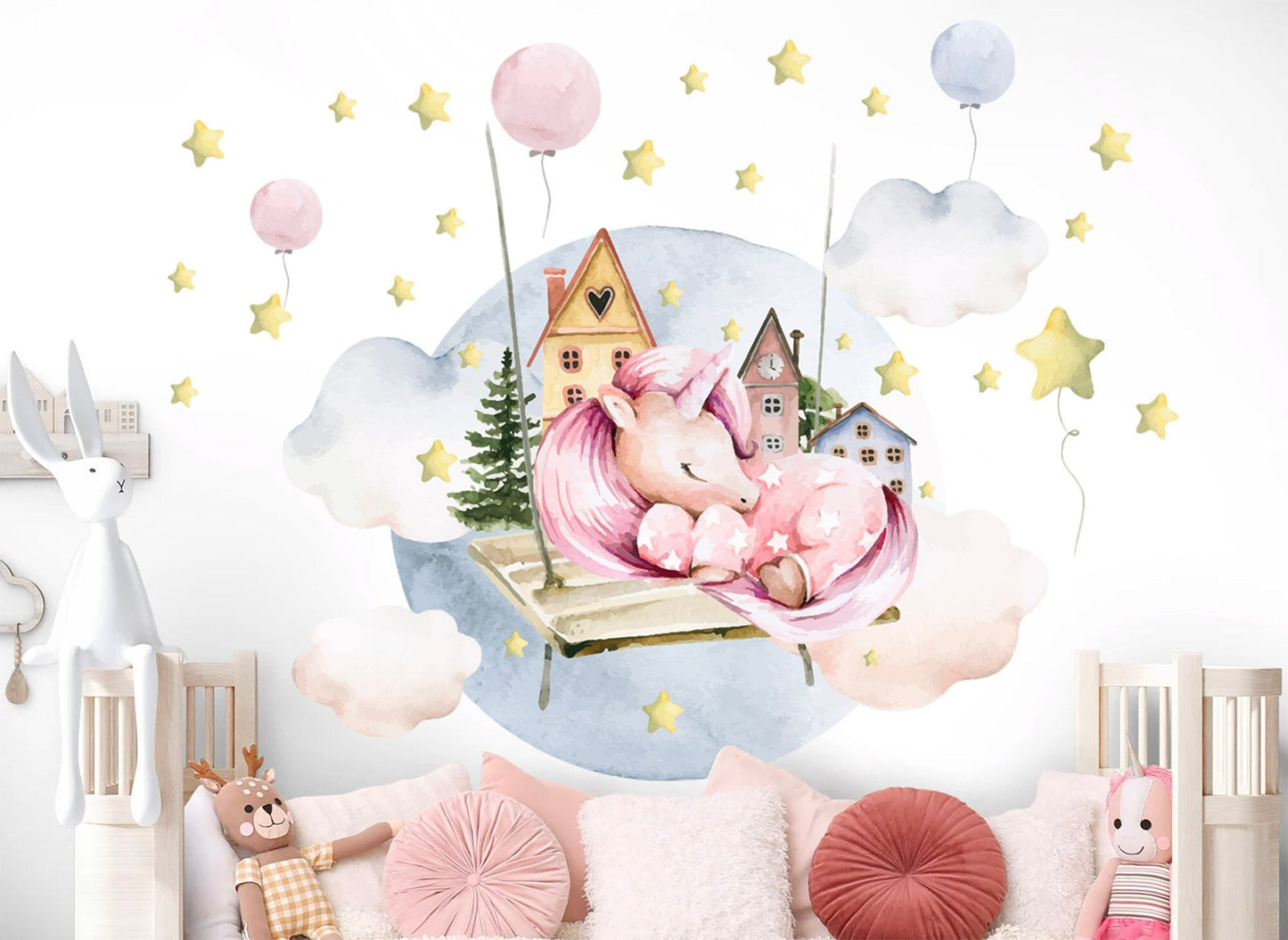 Sleeping Unicorn on Cloud Wall Decal - Castle Balloons Stars - Removable Peel and Stick - BR252