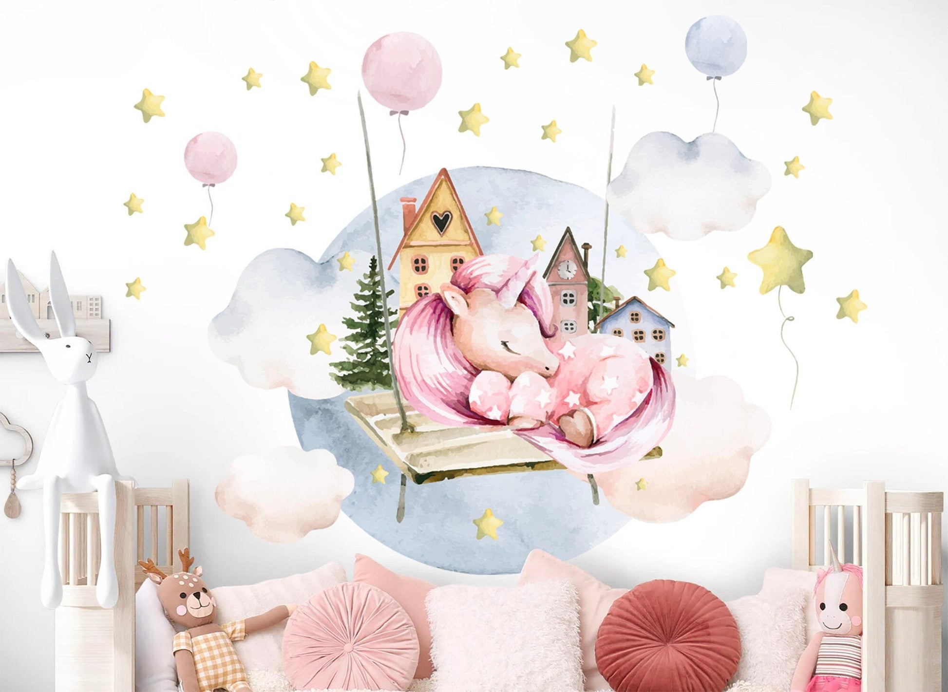 Sleeping Unicorn on Cloud Wall Decal - Castle Balloons Stars - Removable Peel and Stick - BR252