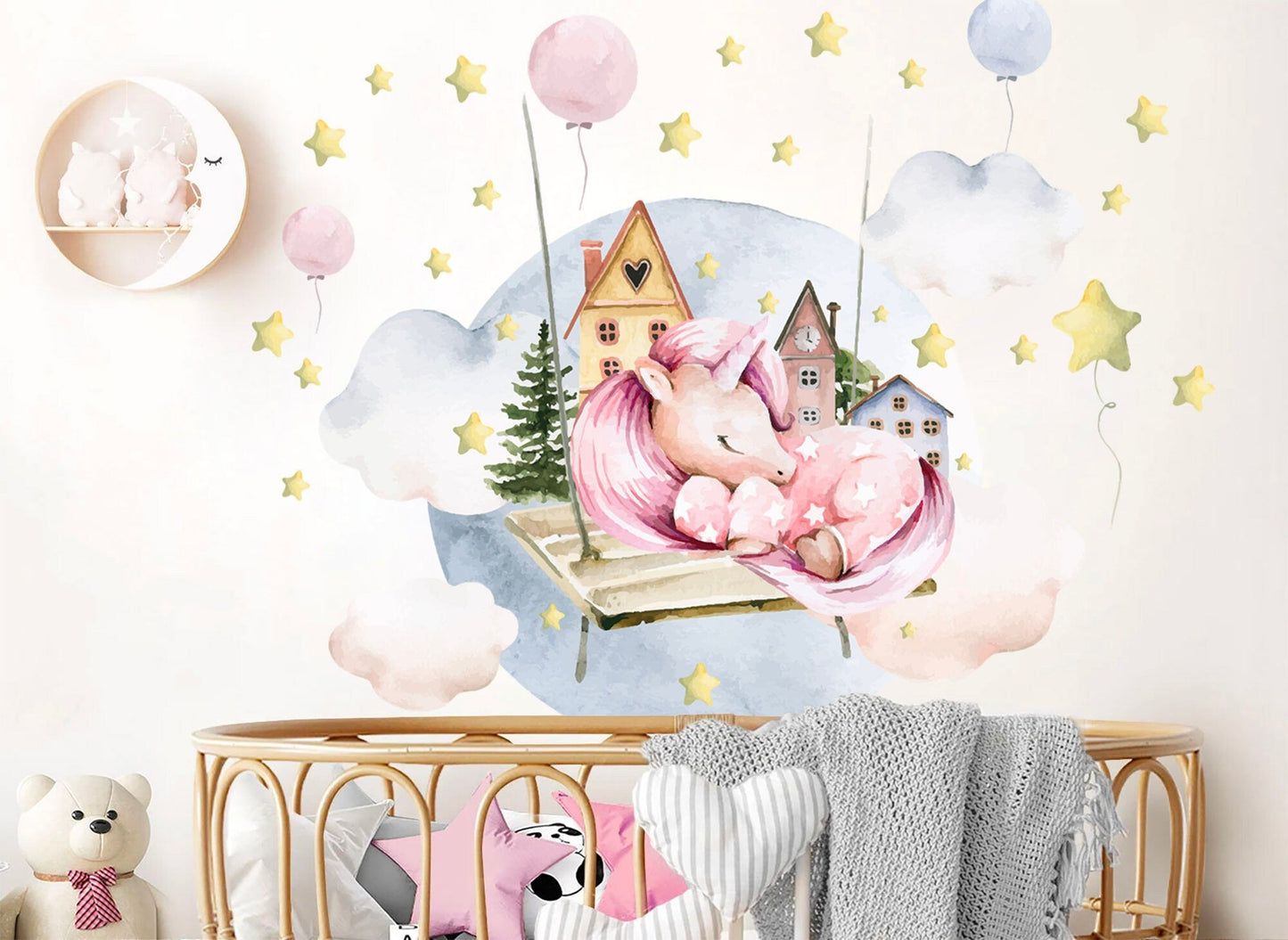 Sleeping Unicorn on Cloud Wall Decal - Castle Balloons Stars - Removable Peel and Stick - BR252
