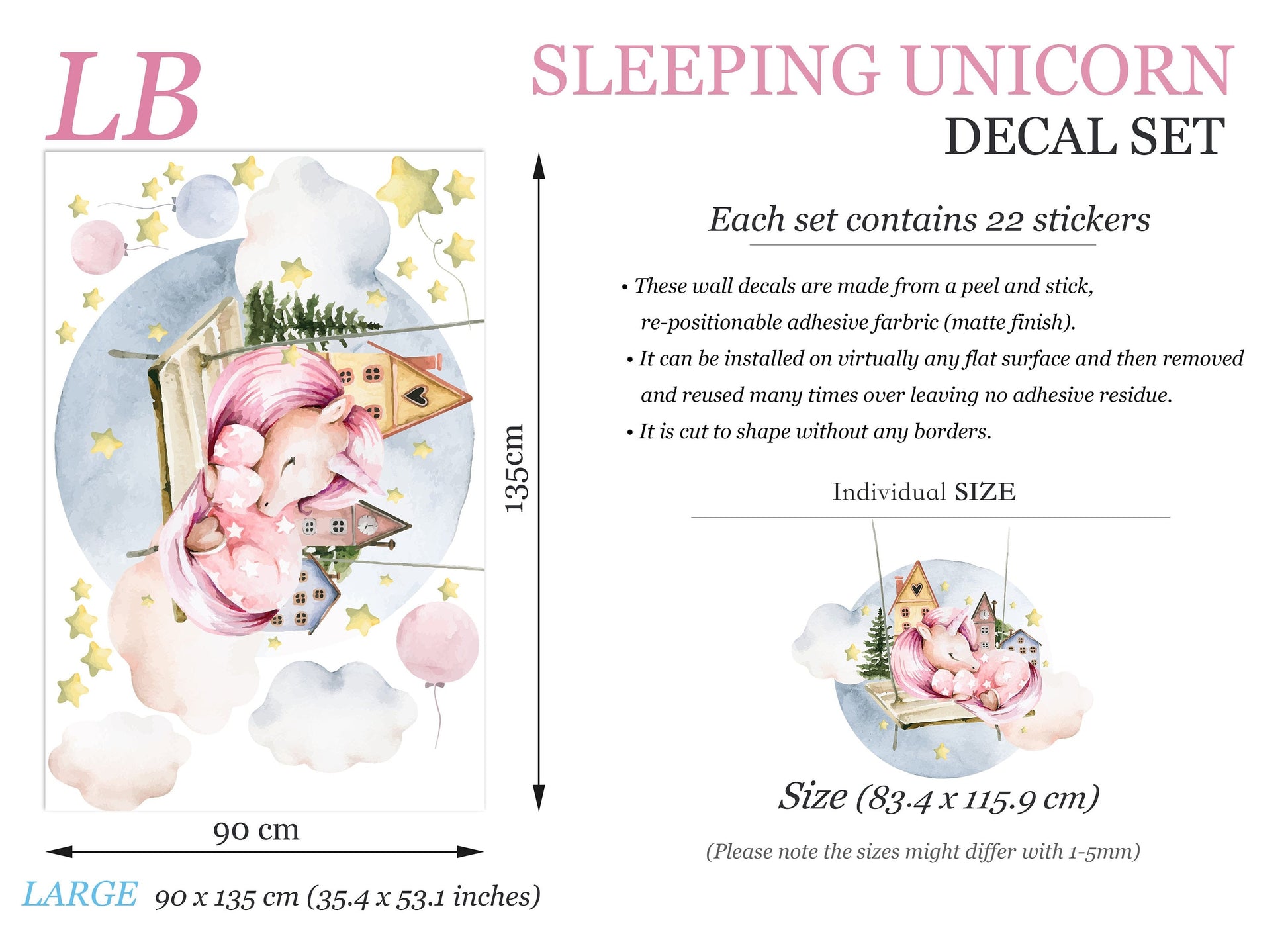 Sleeping Unicorn on Cloud Wall Decal - Castle Balloons Stars - Removable Peel and Stick - BR252