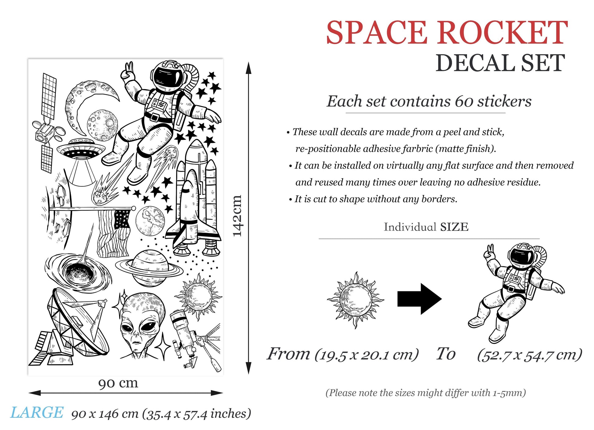 Monochrome Space Astronaut Solar System Rocket Planet Earth Black and White Wall Decal - BR231