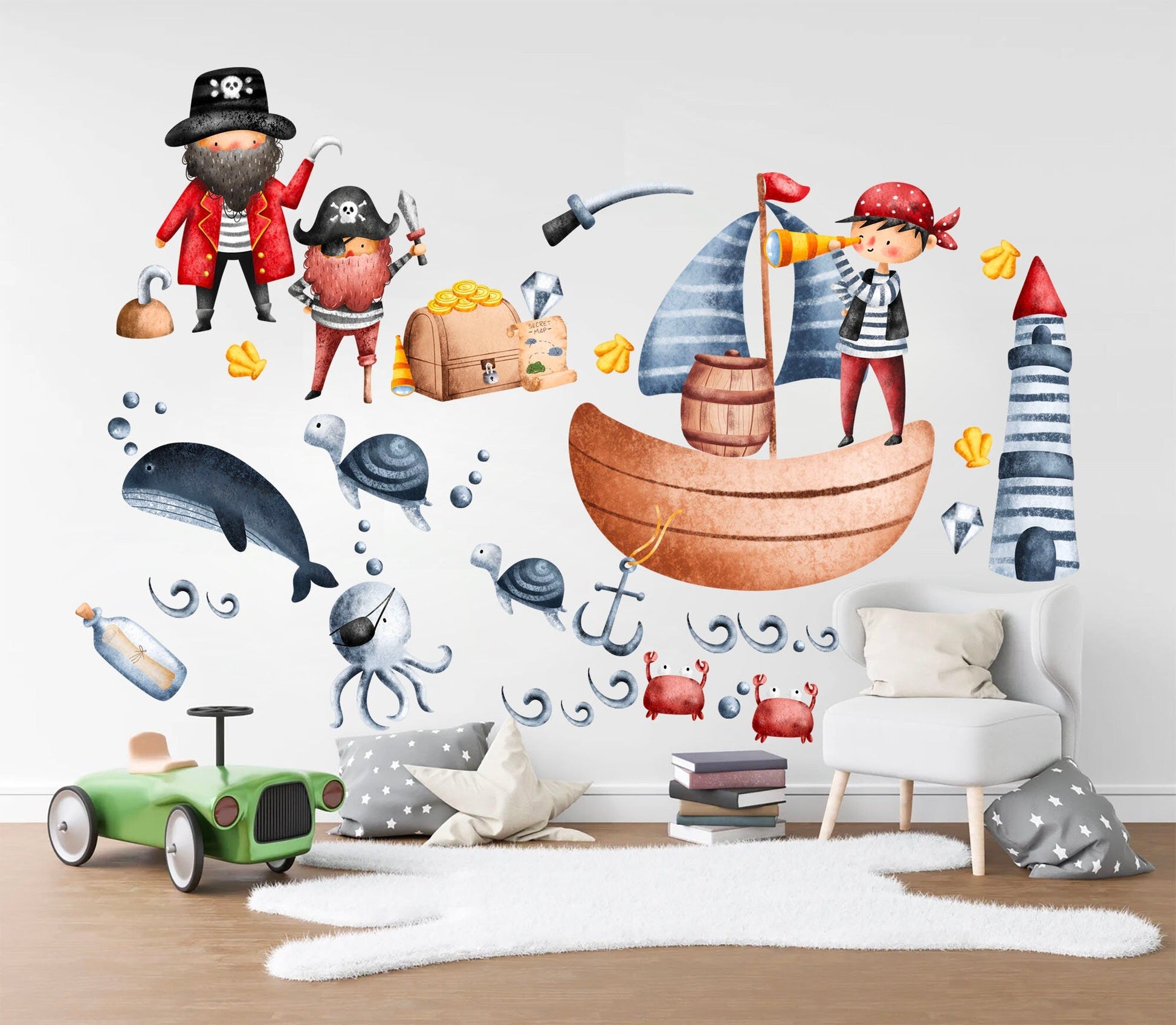 Medieval Pirate Adventure Underwater Wall Decal - Treasure Hunt Lighthouse Octopus Shark Whale - Peel and Stick - BR235