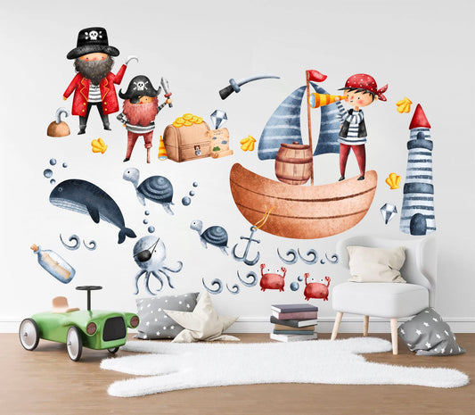 Medieval Pirate Adventure Underwater Wall Decal - Treasure Hunt Lighthouse Octopus Shark Whale - Peel and Stick - BR235