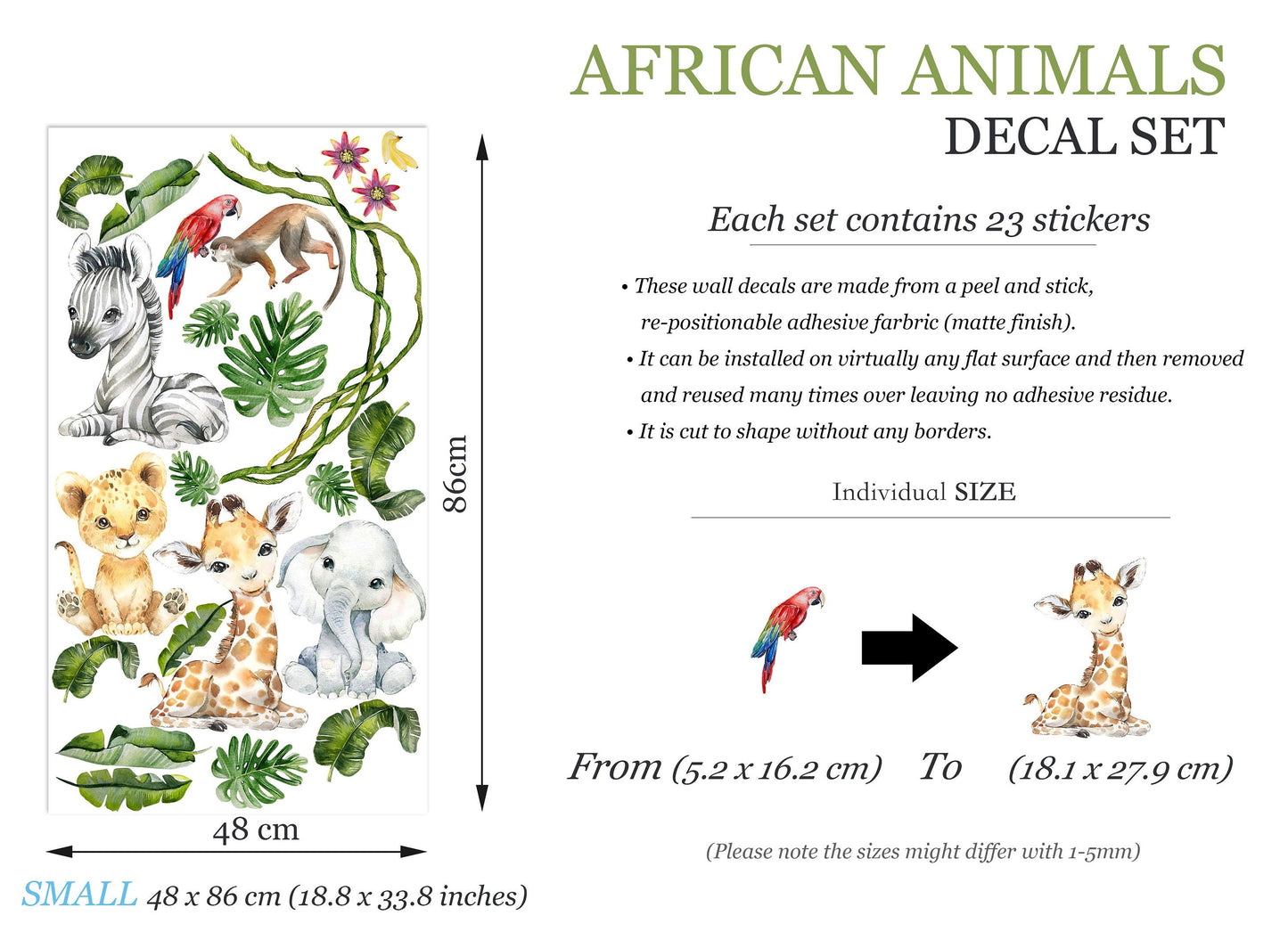 African Baby Animals Wall Decal - Giraffe, Elephant, Lion, Zebra, Monkey in Palm Leaves - BR241