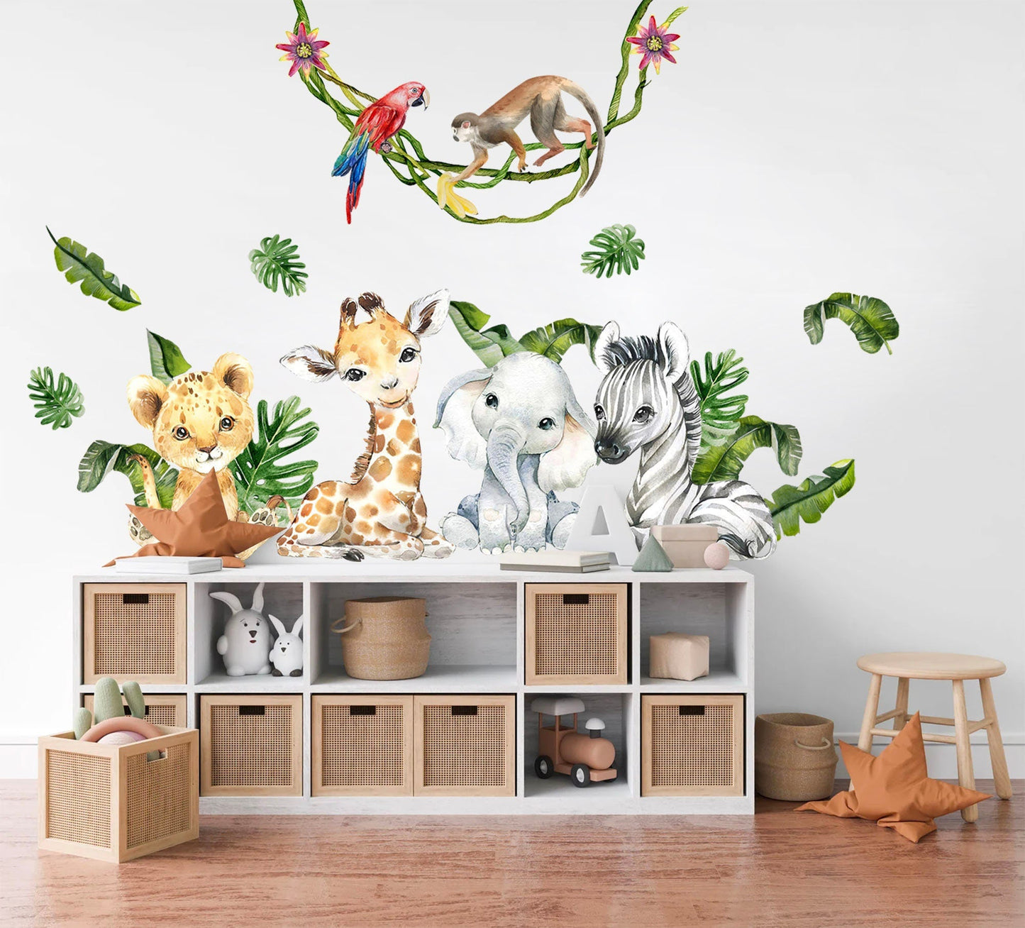 African Baby Animals Wall Decal - Giraffe, Elephant, Lion, Zebra, Monkey in Palm Leaves - BR241