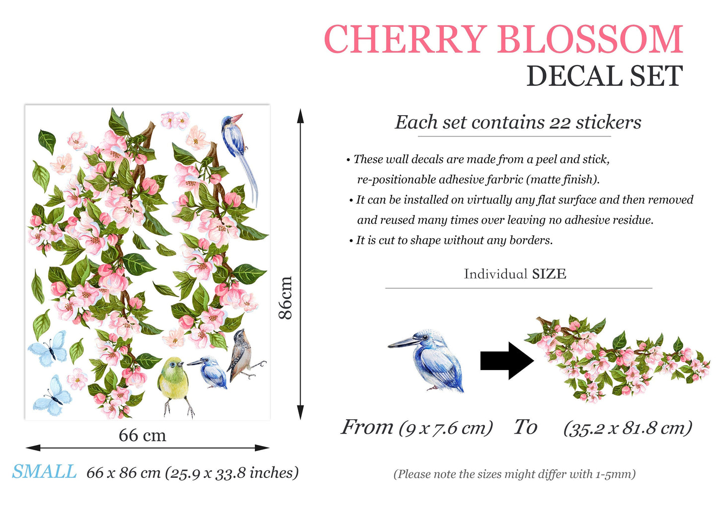 Floral Branches and Birds Wall Decal - Cherry Blossoms - BR243